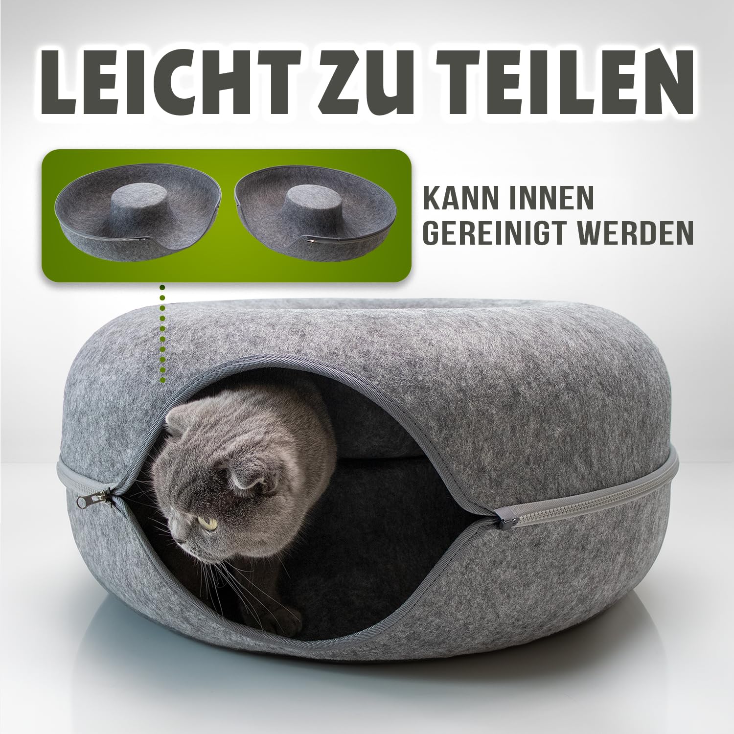 Katzentunnel Katzen Donut Katzenhöhle Katzenbett Spielhöhle für Ihr Liebling, rund, Maße 60x60x28 cm, aus robustem Filz gefertigt, Grau. Multifunktionales Design: zum Spielen,Schlafen oder Kratzen