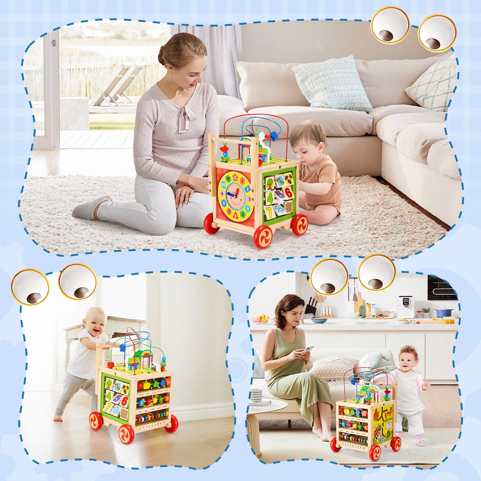 Andador de madera para bebés, andador multifuncional con 5 actividades, mango ajustable, estructura triangular estable, juguete educativo para niños pequeños a partir de 1 año