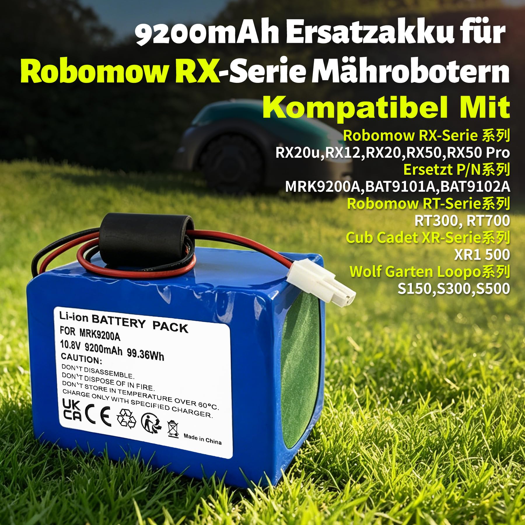 Batterie de rechange 9200 mAh pour robot tondeuse Robomow RT300 RT700 RX20u RX12 RX50 10,8 V pour robot tondeuse Cub Cadet XR1 500, Wolf Garten Loopo S150 S300 S500, remplace MRK9200A BAT9101A BAT911A