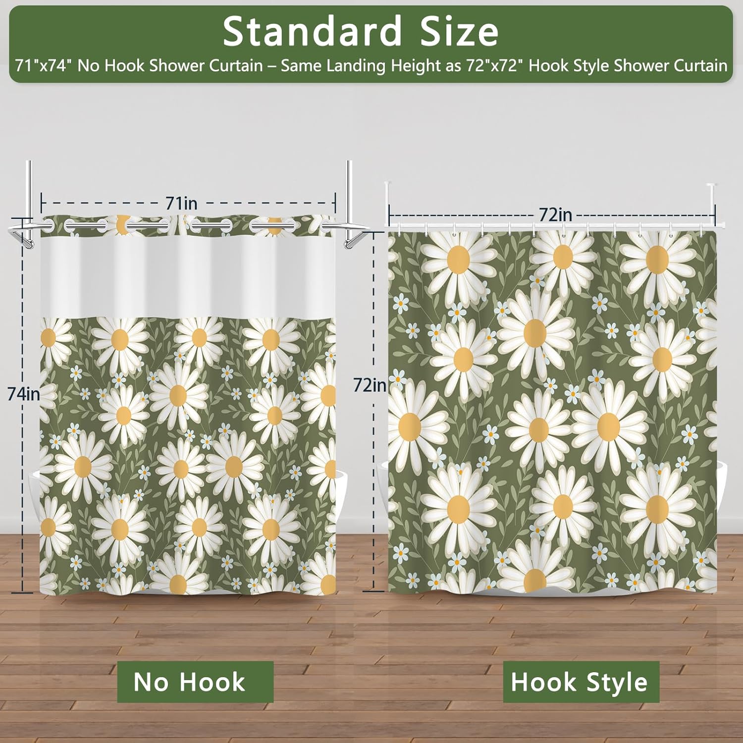 Spring Shower Curtain with Snap in Liner and Weighted Hem, Double Layer Waterproof Fabric Shower Curtain with Sheer Top Window, Farmhouse Daisy Floral No Hook Shower Curtains for Bathroom, 71x74 Inch