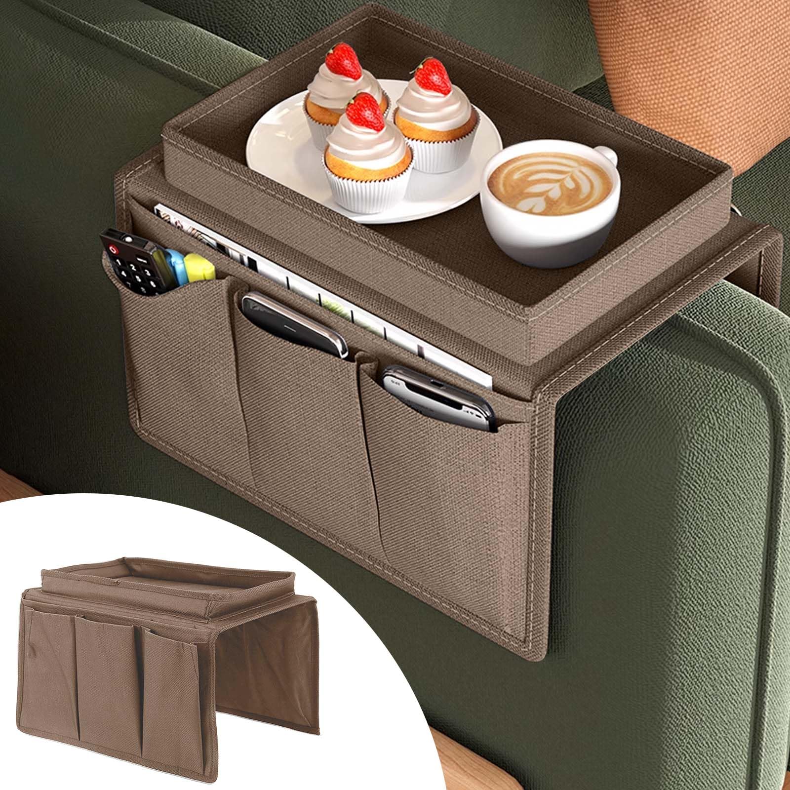 Colexy Sofa Armlehne Organizer, Sofa Tasche Sofatablett Ablage Oxford Couch Sessel Stuhl hängen Aufbewahrungstasche, Faltbar Sofa Butler mit Tablett für Buch, Magazin, Handy, Fernbedienung (Kaffee)