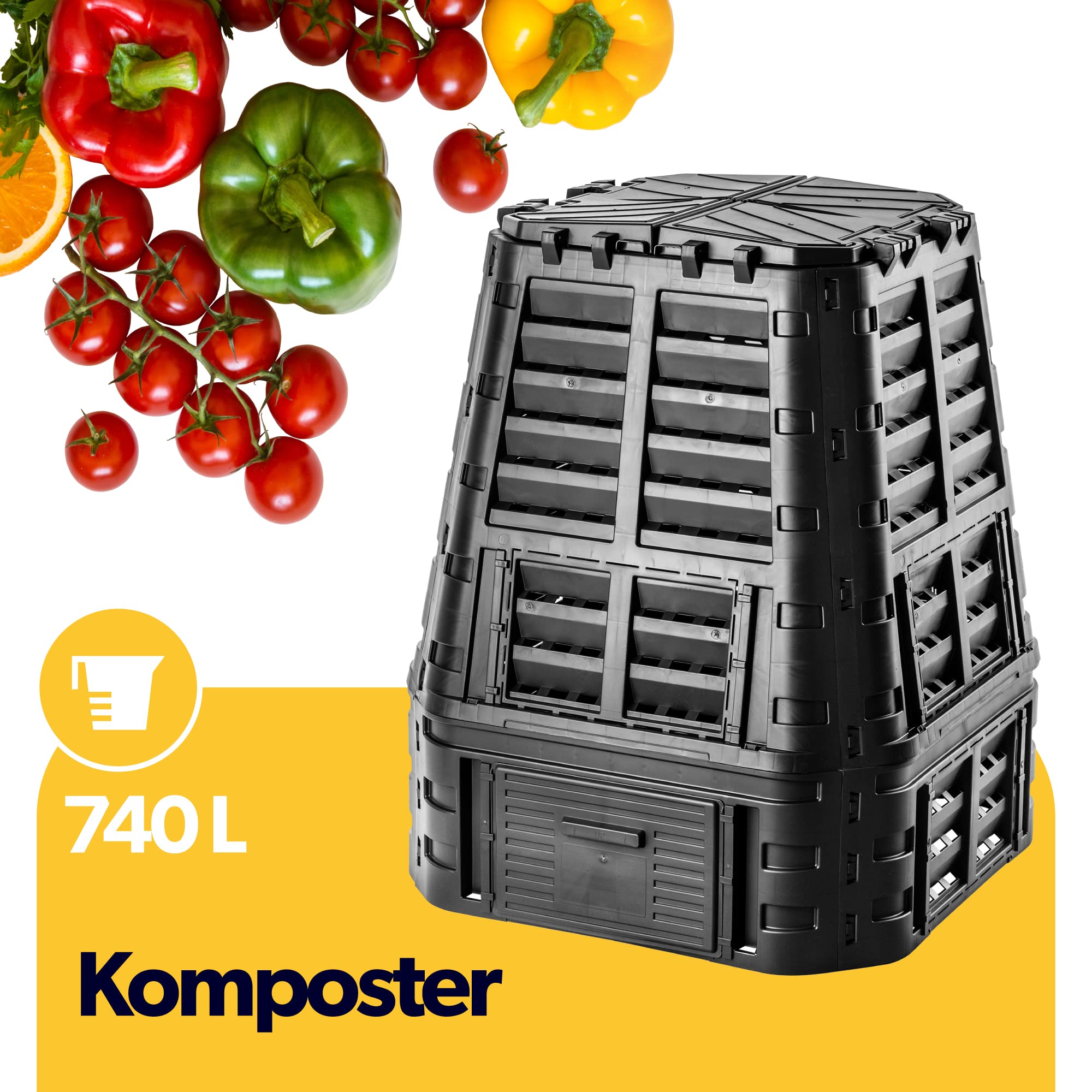 KADAX Komposter, schwarze Kompostanlage, Schnellkomposter aus Kunststoff, witterungsbeständiger Thermokomposter mit klappbarem Deckel (740L)