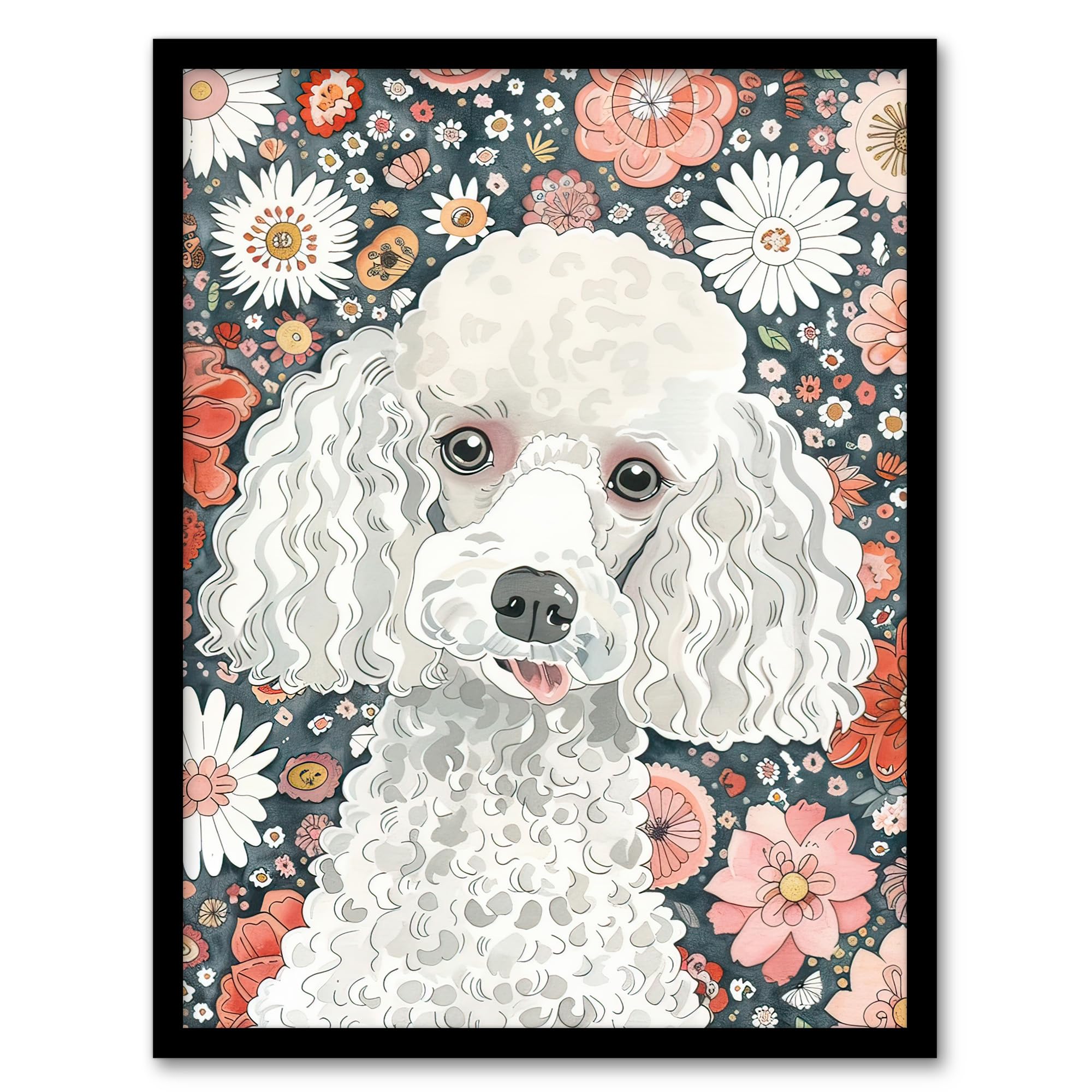 Artery8 Quirky Poodle Dog Lover Floral Pet Portrait Living Room Artwork Framed Wall Art Print A4