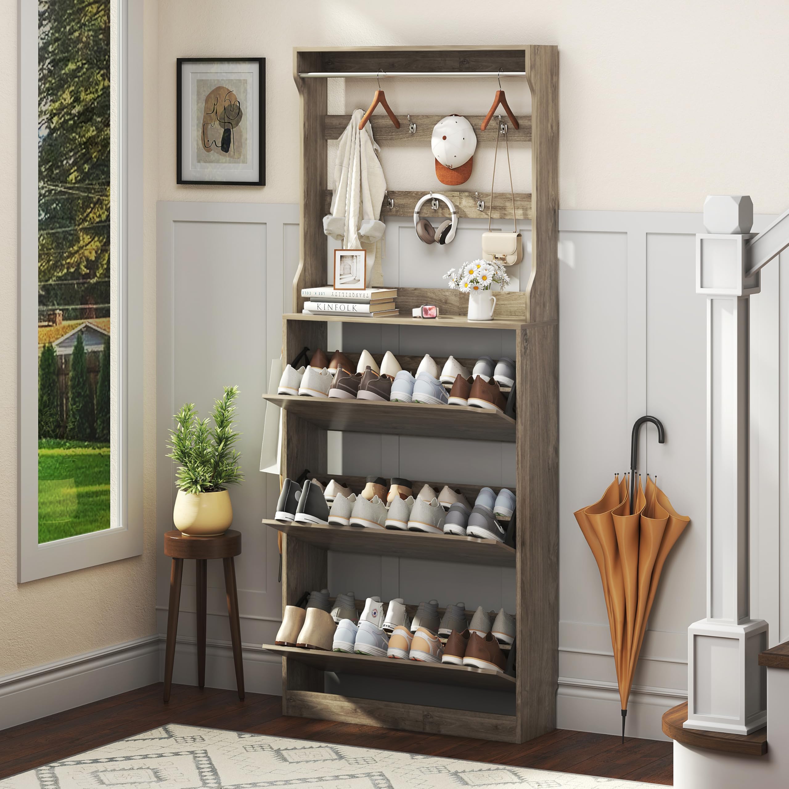Shoe Cabinet for Entryway with 3 Flip Drawers, Grey Tall Wood Shoe Storage Cabinet with Coat Rack, Narrow Hidden Slim Freestanding Shoe Rack Organizer, 2 in 1 Hall Tree for Living Room, Hallway