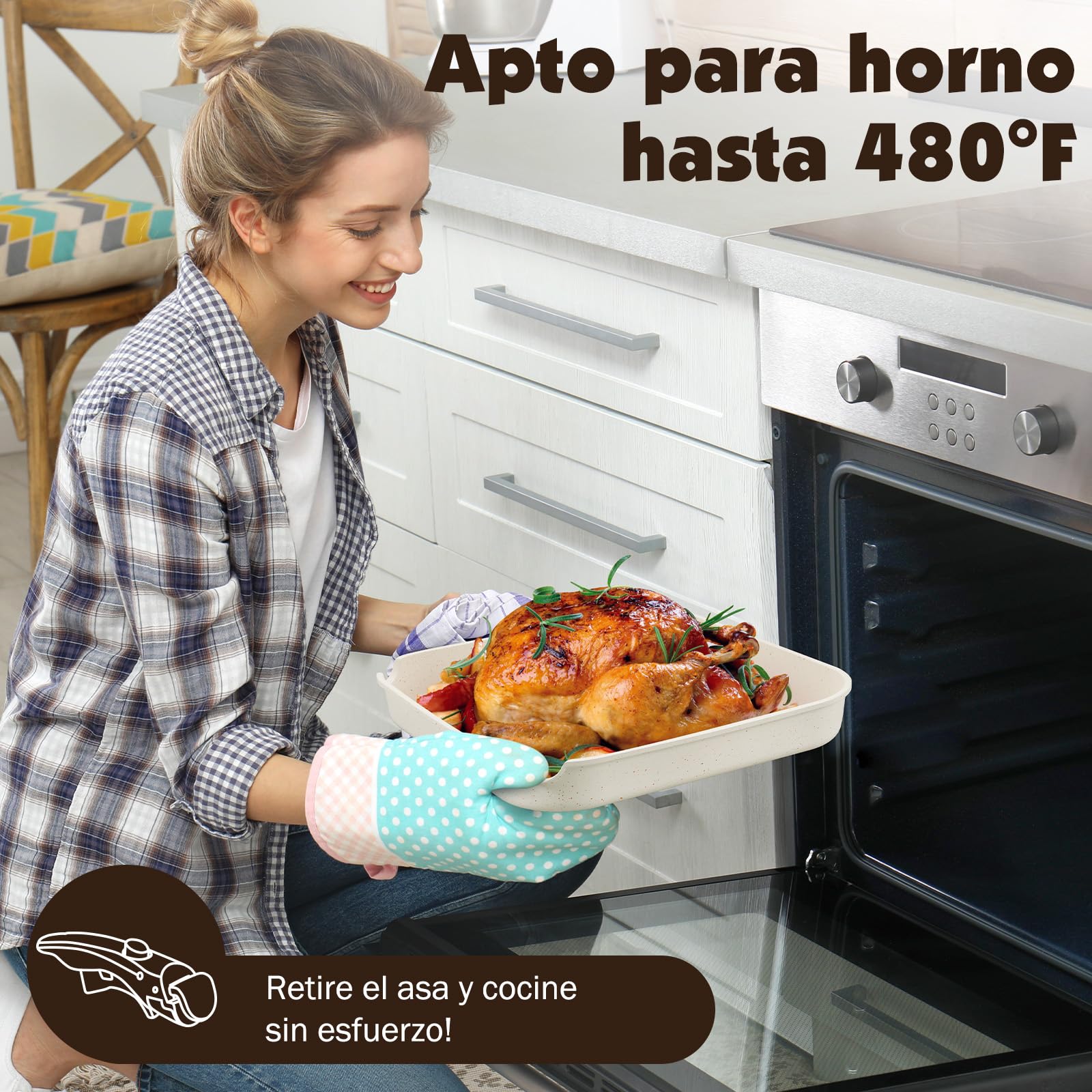 YASHE Batería de Cocina 21 Piezas, Antiadherente, con Mangos Desmontables y Tapas de Vidrio, Compatible con Inducción, Horno y Lavavajillas, Apilable, Blanca | Dos mangos extraíbles y sartén grill cuadrada; cuerpos aptos para horno, apilables y compatible