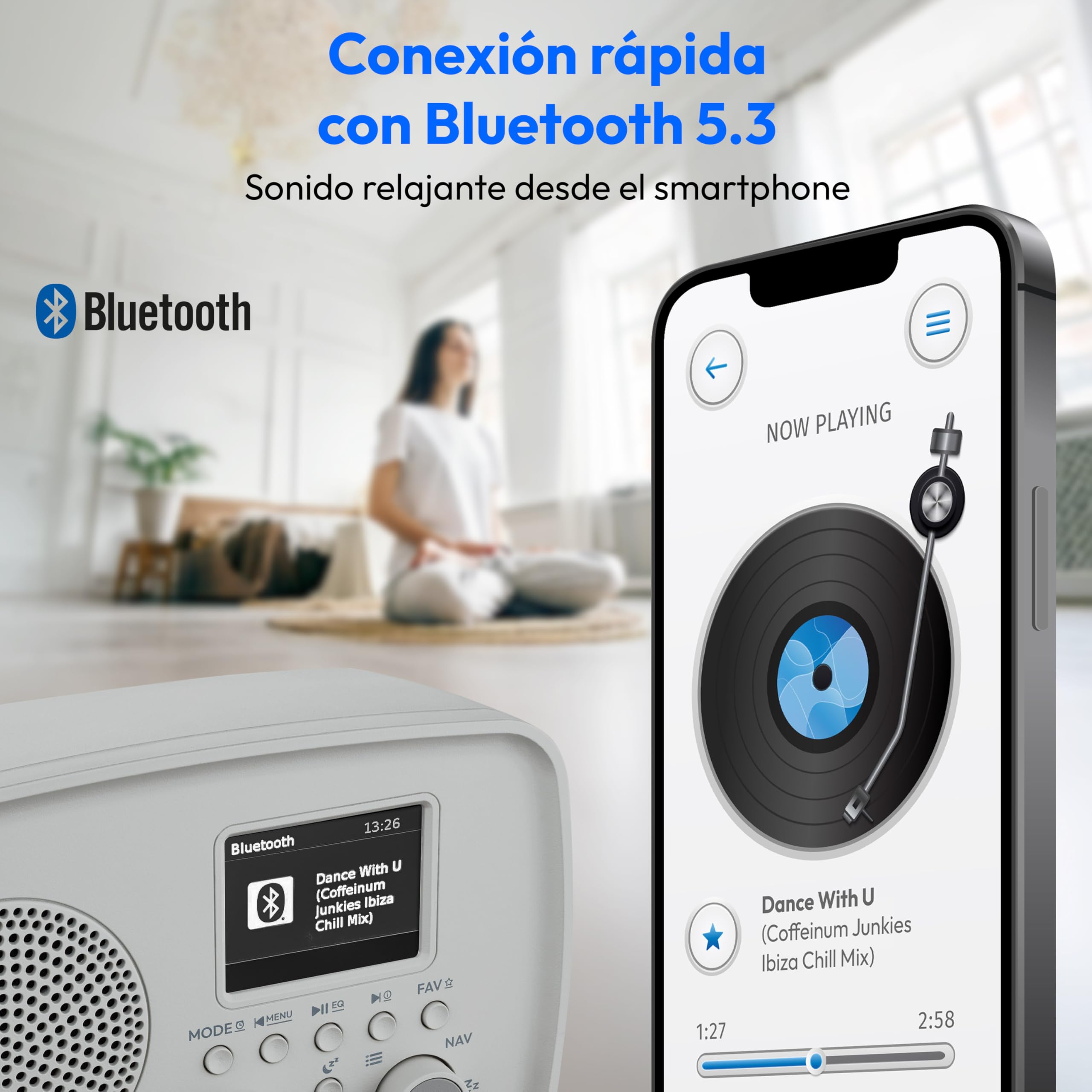 MEDION Radio Dab+ con Bluetooth Dre-1 (Dab Plus, Radio FM, protección contra Goteo, Antena telescópica, Despertador, función Snooze, regulador de Pantalla, Sistema de Alerta ASA), Gris