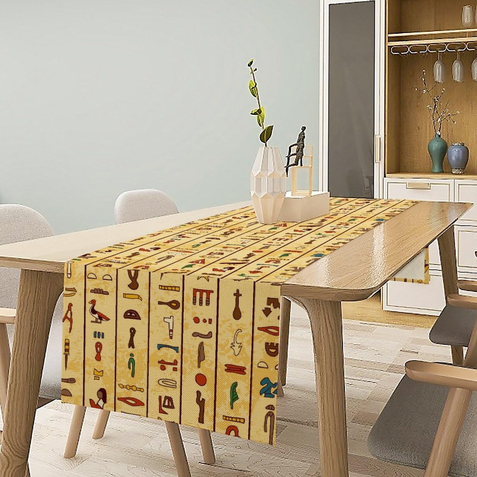 Ancient Egypt Table Runner | Egyptian Hieroglyph Print, 13x36 Inches, Faux Linen For Kitchen & Dining Decor - View #4