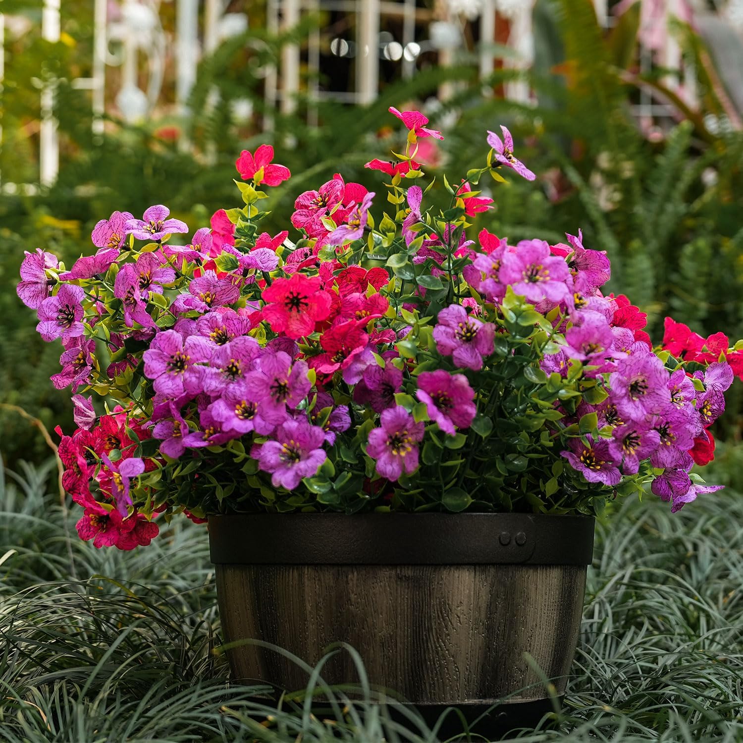 Artificial Faux Outdoor Indoor Plants Flowers for Spring Summer Decoration, 12 Bundles Fake Silk Daisy Eucalyptus Realistic UV Resistant for Outside Planter Pot Window Porch .(Purple and pink) - Image 3