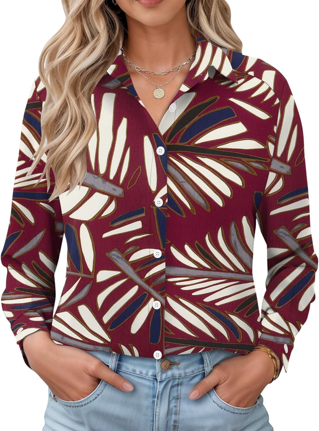 LOMON Womens Long Sleeve Button Down Shirts Casual Loose Fit Cotton Collared Blouses