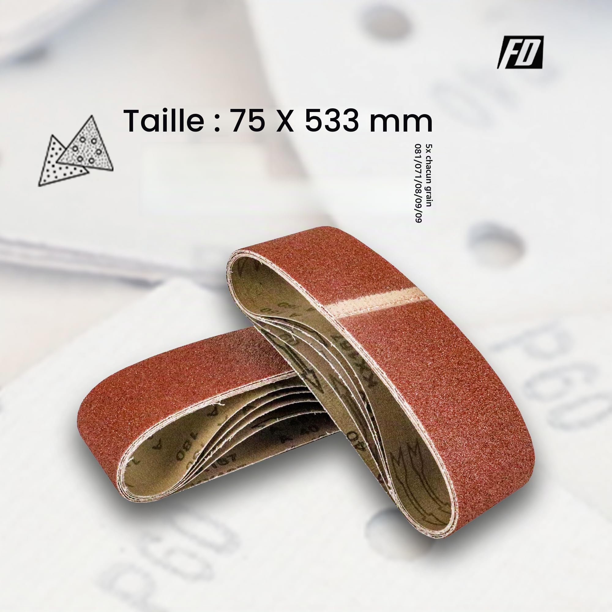 Bandes Abrasives en Tissu │ 25 pièces │ 75 x 533 mm │ Mixpack (5 x grain 40/60/80/120/180 chacun) │ pour ponceuses à bande │ Papier Abrasif │ Ensemble de Bandes Abrasives