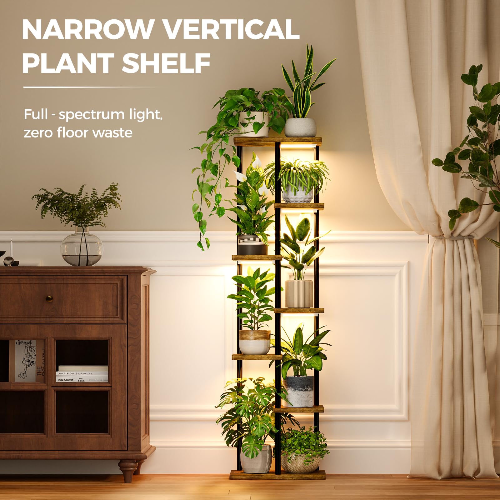 Bamworld Blumenständer mit Pflanzenlampen, 7 Stufiges Eck-Pflanzenregal aus Holz & Metall,Stabiler Indoor Pflanzenhalter für Wohnzimmer Balkon Schlafzimmer,Pflanzen Display Regal Dekoration