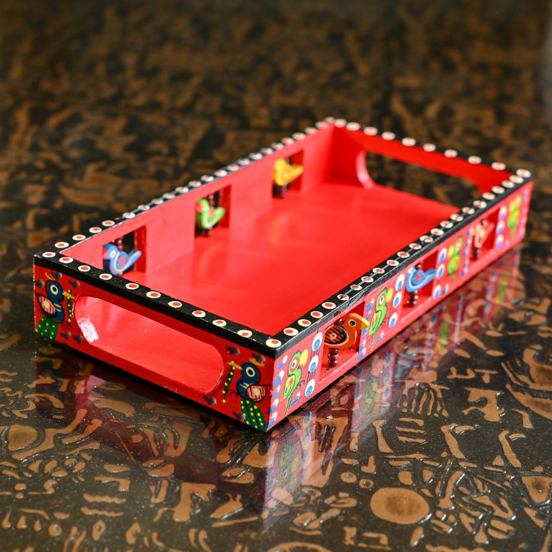 LOVENSPIRE Wooden Serving Tray Hand Painted Indian Decorative Platters for Snacks, Tea, Kitchen, Home, Restaurant, Dinning Table Decor - Breakfast