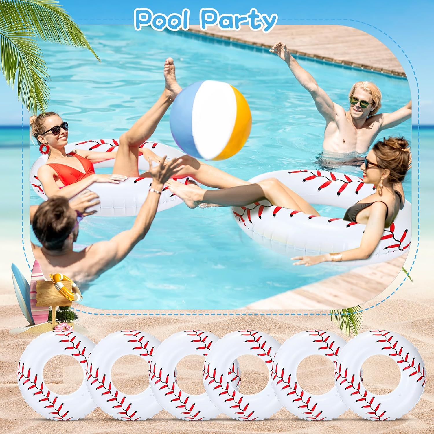 ShinyRelief 6 Pcs 35.4" Inflatable Baseball Pool Floats Swim Rings Swimming Pool Tube Beach Sports Party Blow up Toys for Summer Decoration Lake Use