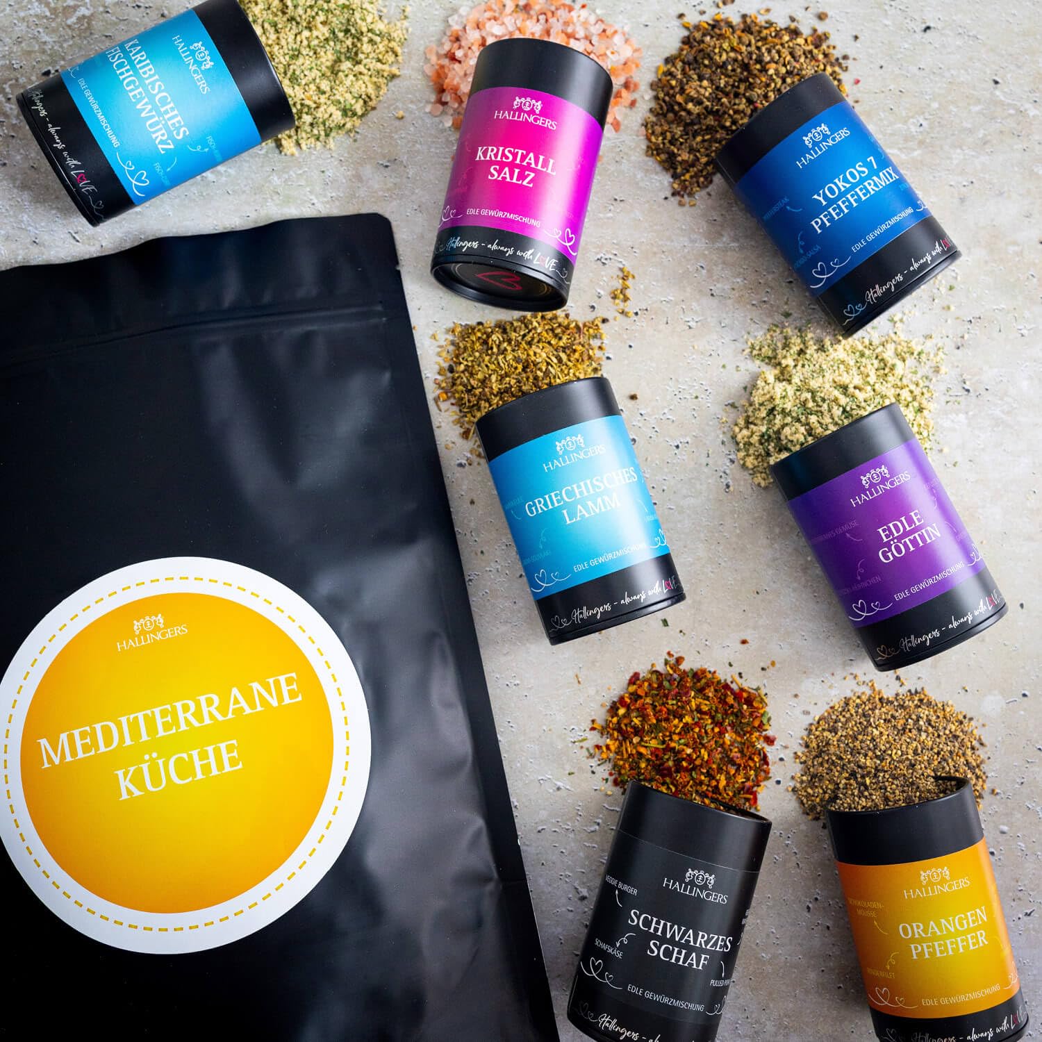 Hallingers Genuss Manufaktur Gewürz Geschenk-Set - Selektion unserer Besteller als Probierset in edlen Aromadosen & Tragetasche "Mediterane Küche", Geschenkidee für Frauen Männer