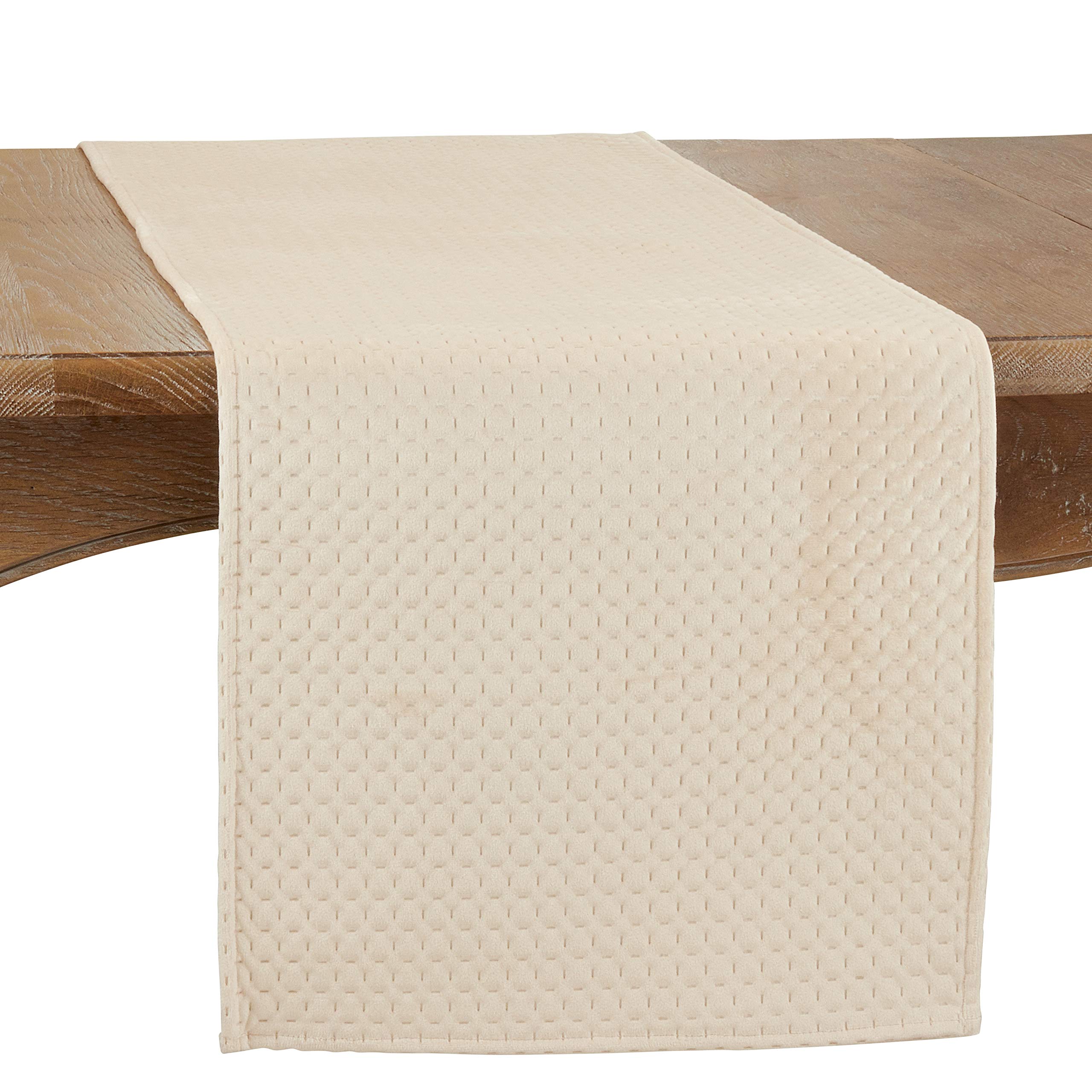 SARO LIFESTYLE Kema Collection Pinsonic Velvet Table Runner, 16" x 72", Beige