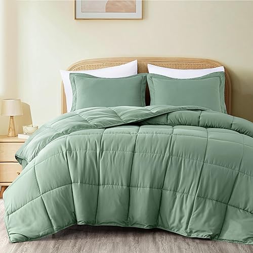 Chezmoi Collection Juego de edredón de 3 piezas, color verde salvia, tamaño Queen de gran tamaño, 110GSM, piel de melocotón, microfibra y poliéster, disponible en Yaxa Venezuela