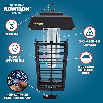 Flowtron Bug Zapper, 1 Acre Outdoor, 40W UV Bulb, 5600V, Octenol Attractant | Bug zapper for backyards, patios, and farms - UV plus octenol lure clears mosquitoes, flies, and gnats - UL and ETL certified
