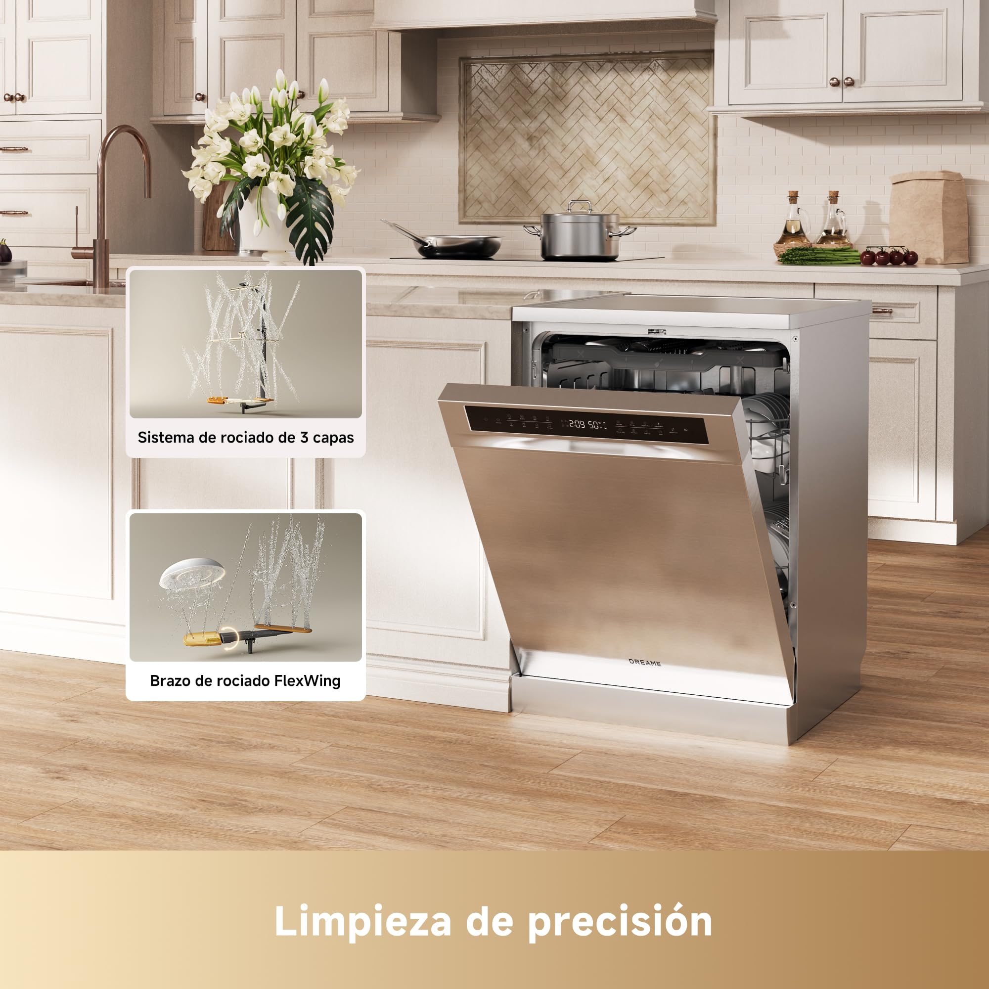 DREAME DK501 Pro Lavavajillas Totalmente Integrable 60cm, 15 Cubiertos | Aplicación Inteligente, Brazo de Rociado FlexWing, Sistema de Lavado HydraFlow de 360°, Lavado a Alta Temperatura de 75°C