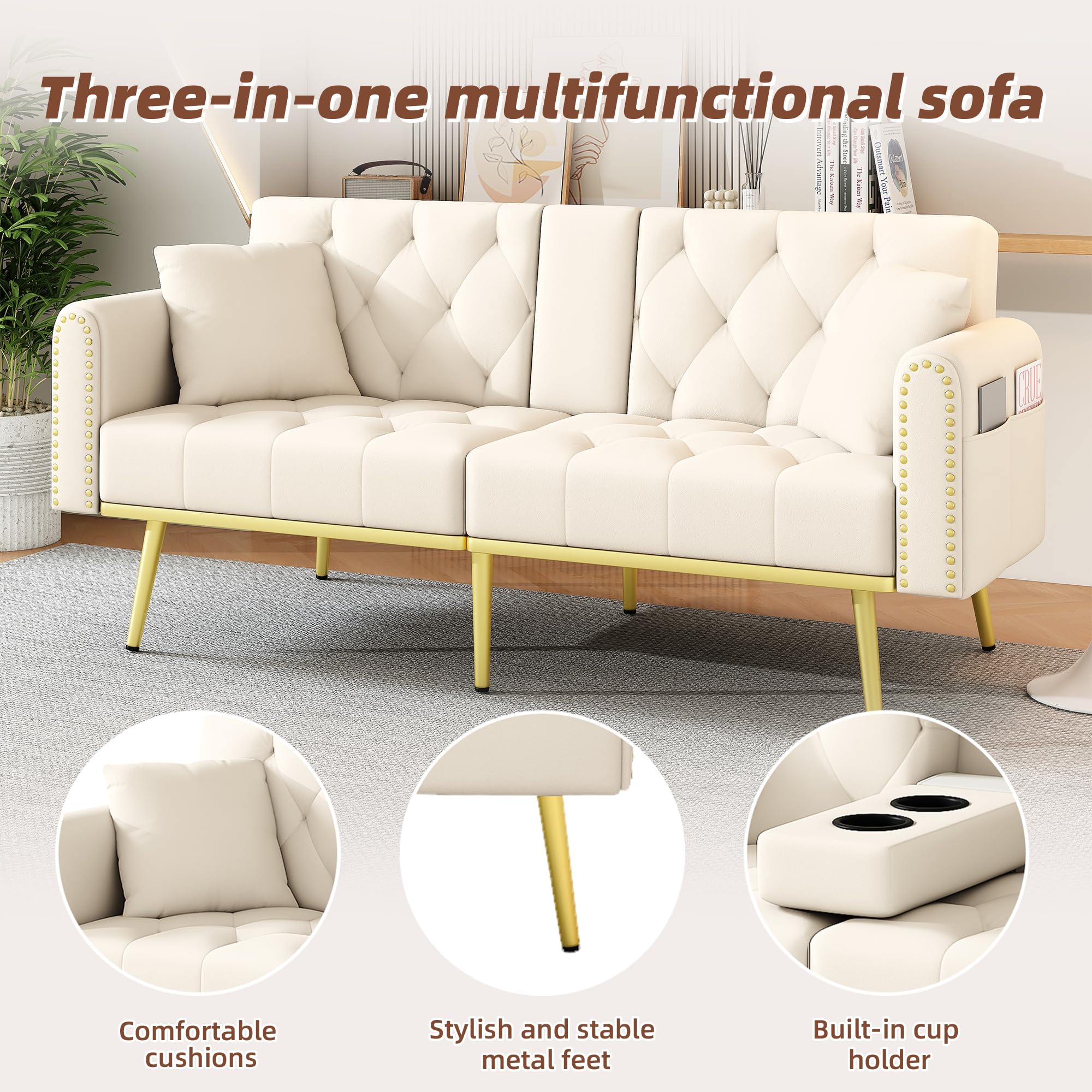 Sofá cama doble plegable con función reclinable, tres ángulos de inclinación ajustables y soporte para bebidas. Adecuado para sala de estar, dormitorio, cine en casa o habitación de invitados
