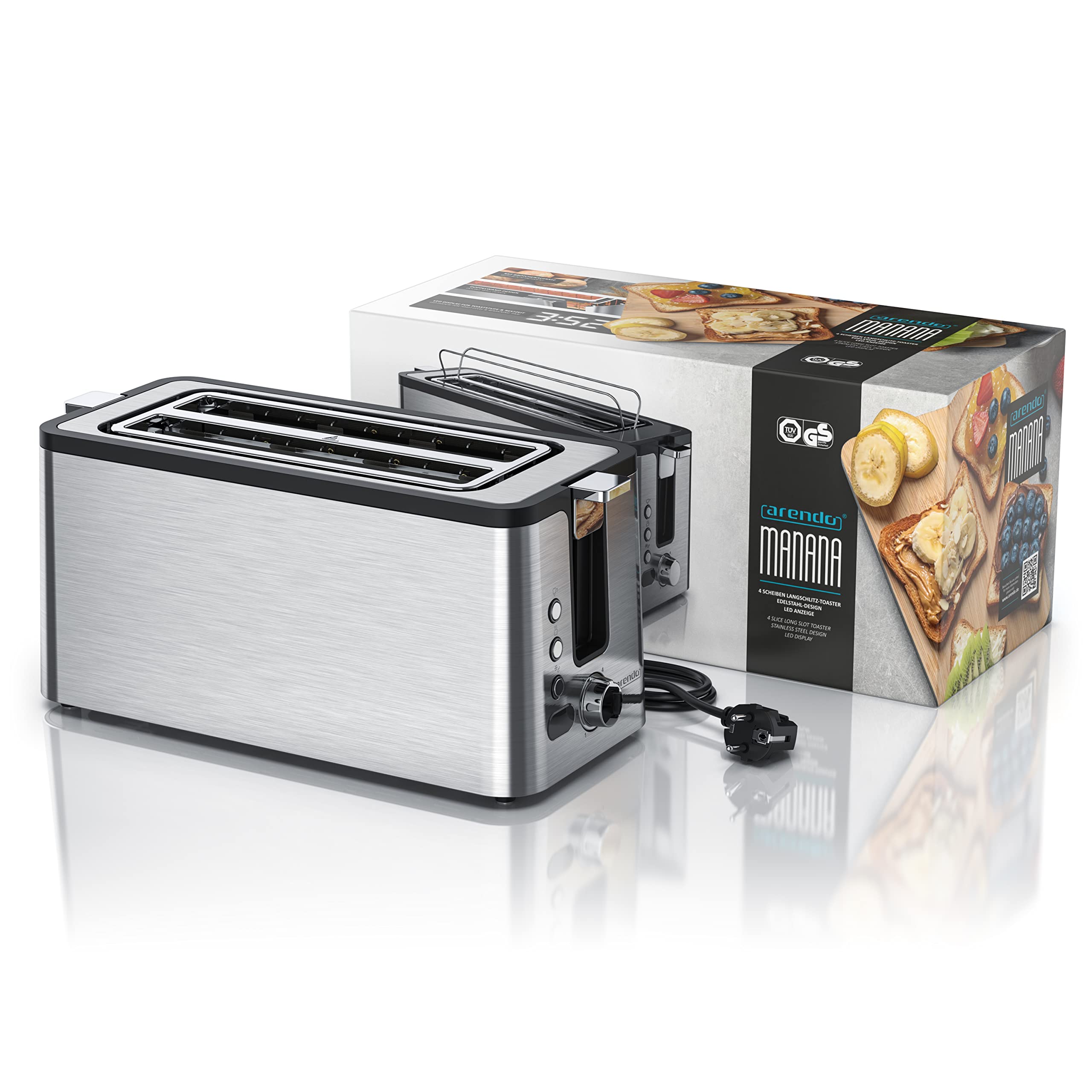 Arendo - Edelstahl Toaster Langschlitz 4 Scheiben - Defrost Funktion - wärmeisolierendes Gehäuse - mit integriertem Brötchenaufsatz - 1400W - Krümelschublade - Display mit Restzeitanzeige - Silber