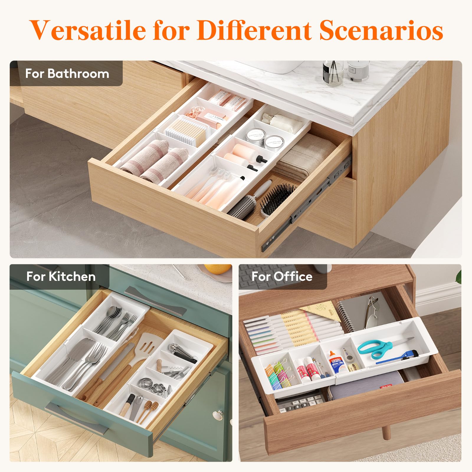 Lifewit organizer do szuflad, regulowany separator szuflad, 35,2–55,5 cm długości i 4,7 cm wysokości, wiszący plastikowy organizer na kosmetyki, do makijażu, kuchni, biura, 1 sztuka, biały