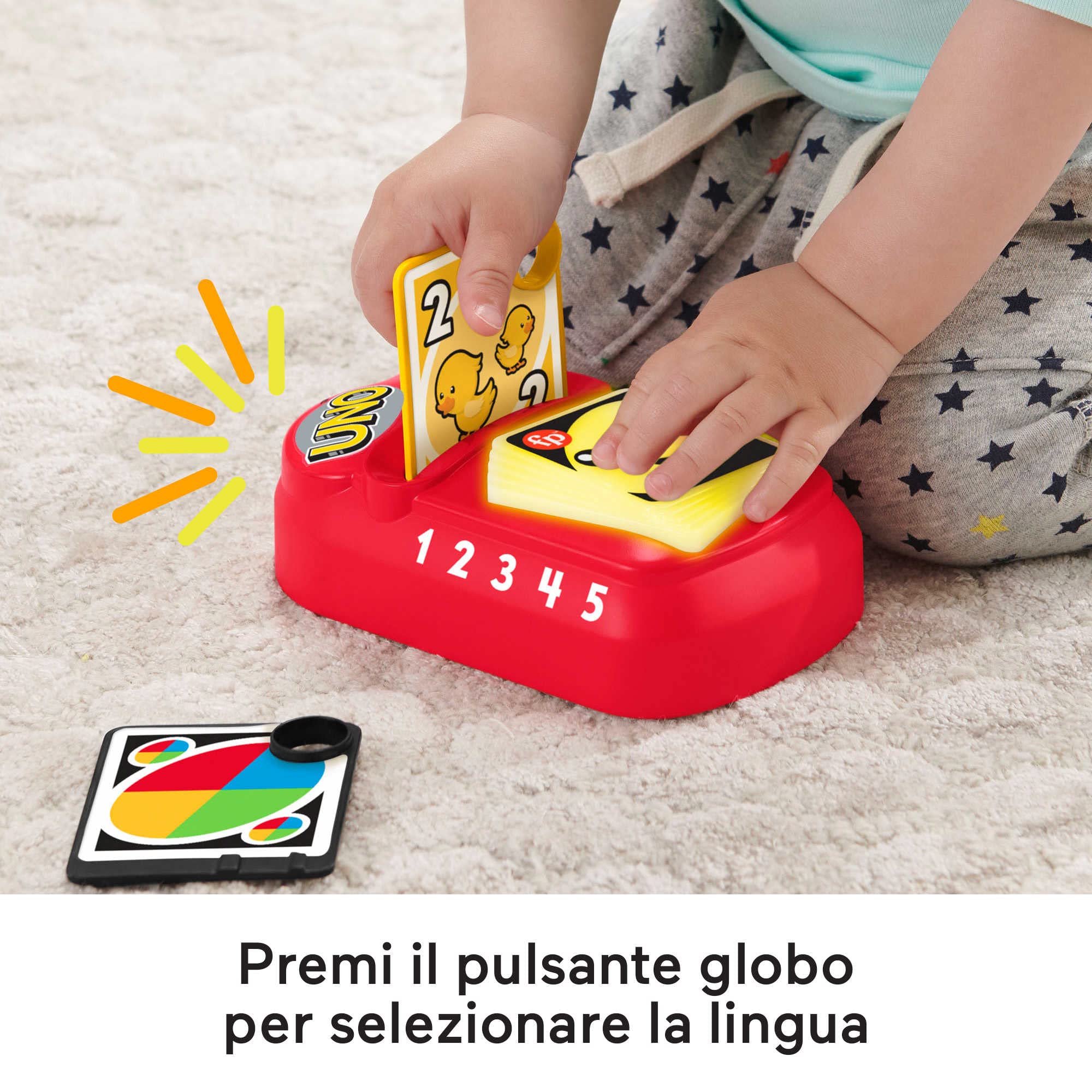 Fisher-Price - Baby Uno Numeri e Colori, Include 5 Carte da Inserire nel Lettore con Luci e Suoni, Giocattolo Elettronico Portatile Edizione Italiano+Portoghese+Spagnolo+Inglese, 6+ Mesi, HHG94