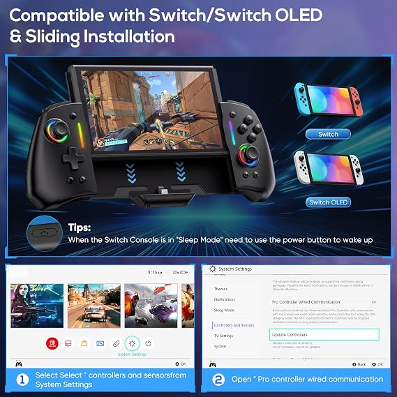 Switch Controller for Nintendo Switch/OLED, Handheld for Pro Controller | RGB One-Piece Joypad Controller for Joy-con with Adjustable Turbo, Dual Motor Vibration