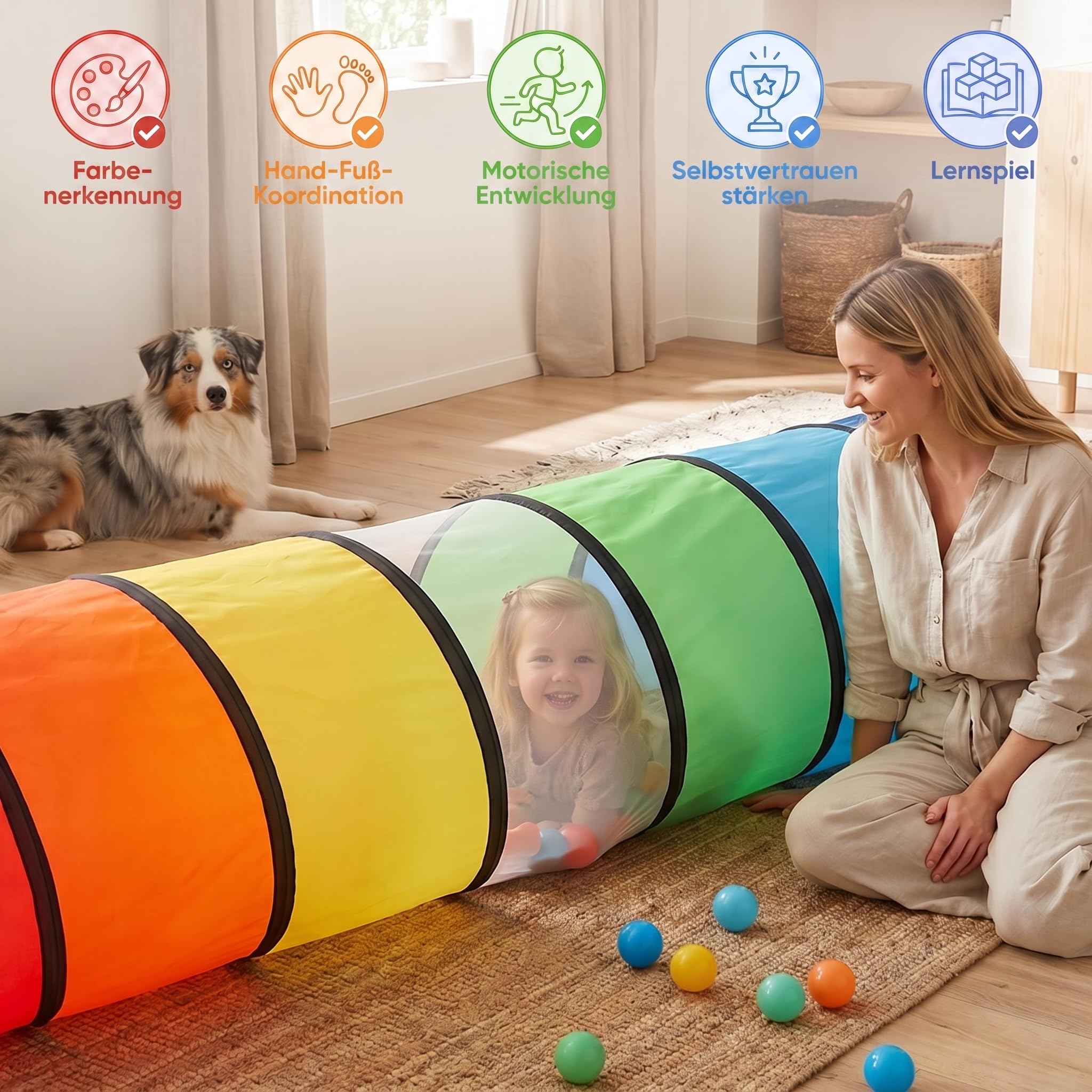 Wilwolfer Tunnel für Kinder - Spielzelt für Draußen mit Mesh-Seiten - 180cm Tunnel für Kinder motorische Fähigkeiten Baby-Krabbel-Spielzeug Klappbares Pop-up-Spielzeuggeschenk für Tiere (Regenbogen)