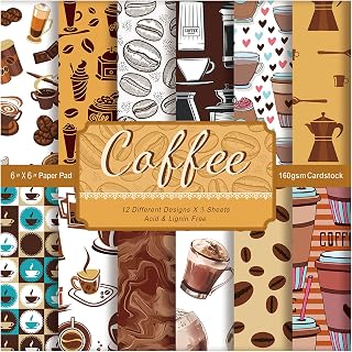 Scrapbook Paper Pad 6x6, Coffee Theme Cardstock, 36 Sheets, Single-sided Coffee Beans Cups Pattern, 12 Designs, Decorative Craft Paper DIY Card Making Scrapbooking Supplies Kit