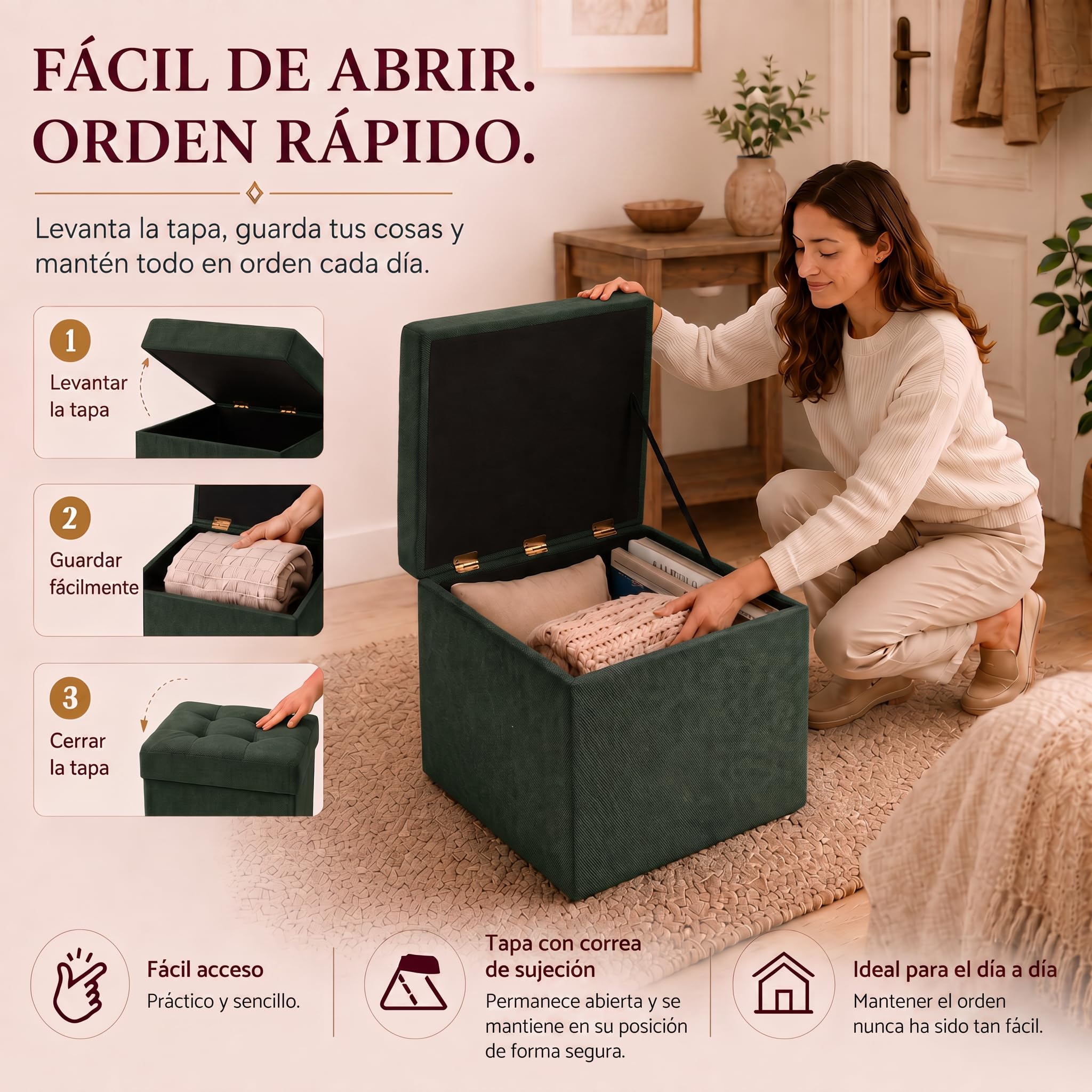 VELORA H&L Puf con Almacenaje 45 x 45 cm Verde Oscuro – Puf Tapizado en Tela con Compartimento Interior, Soporta hasta 150 kg, para Salón, Dormitorio y Recibidor