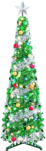 Joiedomi Árbol de Navidad de oropel de 5 pies, árbol plegable preiluminado con 50 luces LED multicolor y adornos de bolas para el hogar, vacaciones,