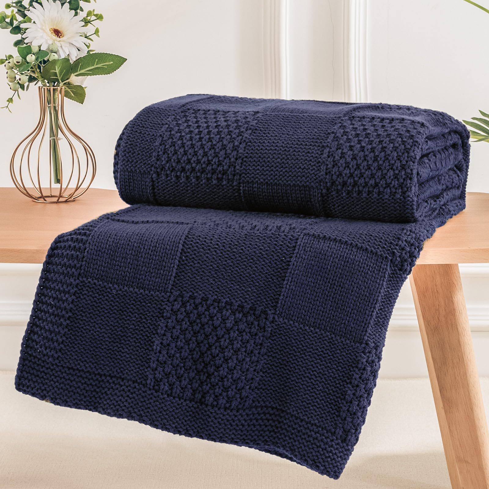 NEXHOME PRO Knit Throw Blanket,Classical Checkered Blanket for Couch,Cozy Warm Knitted Throw Blanket for Bed Sofa Living Room, Decorative Stretched Throw, Lightweigh,50"X 60"Navy Blue