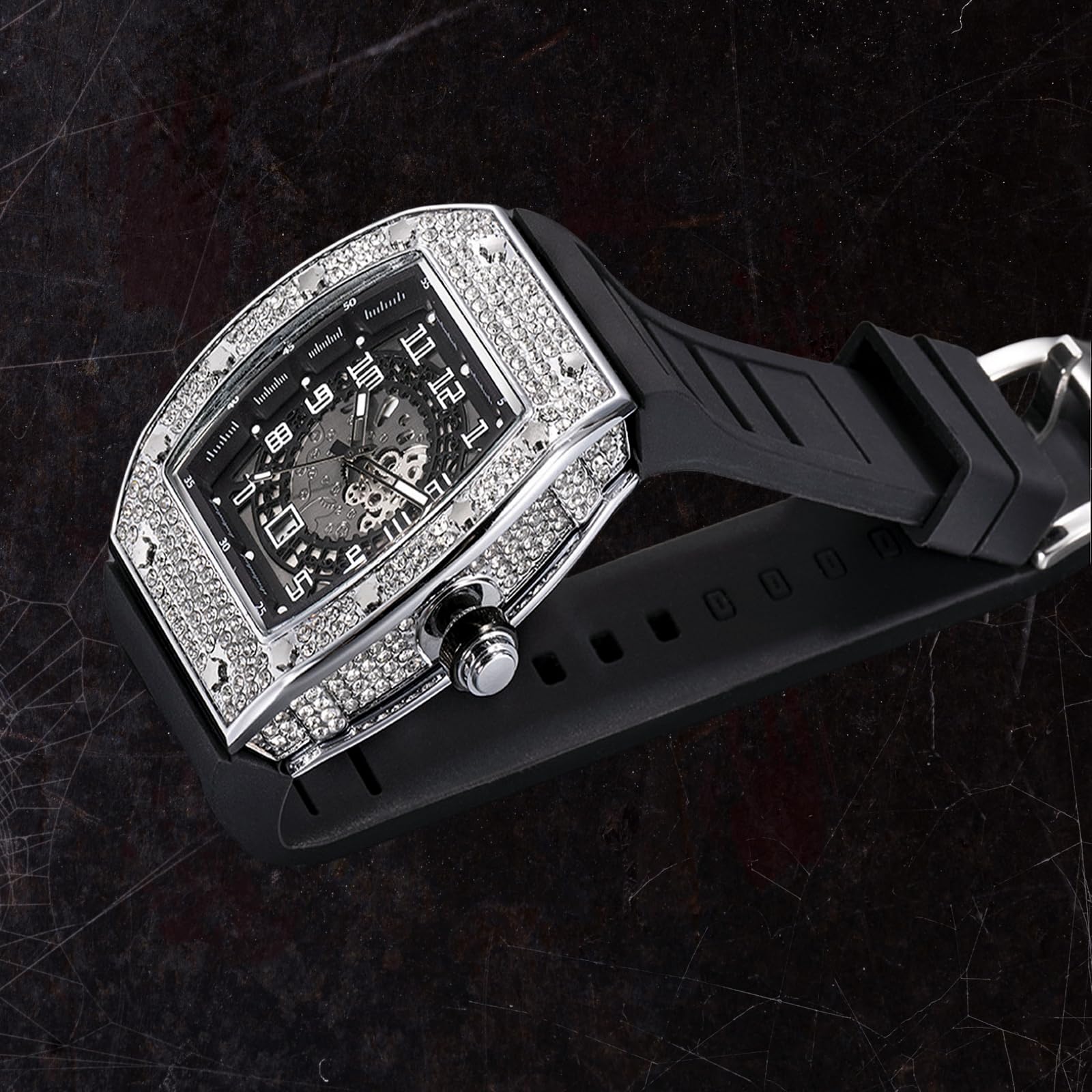 ICEDIAMOND Bling CZ Diamond Skeleton Barrel Dial Orologio al quarzo orologio da uomo con calendario giorno ghiacciato Hip Hop Fashion Watch, Nero-argento, Moda