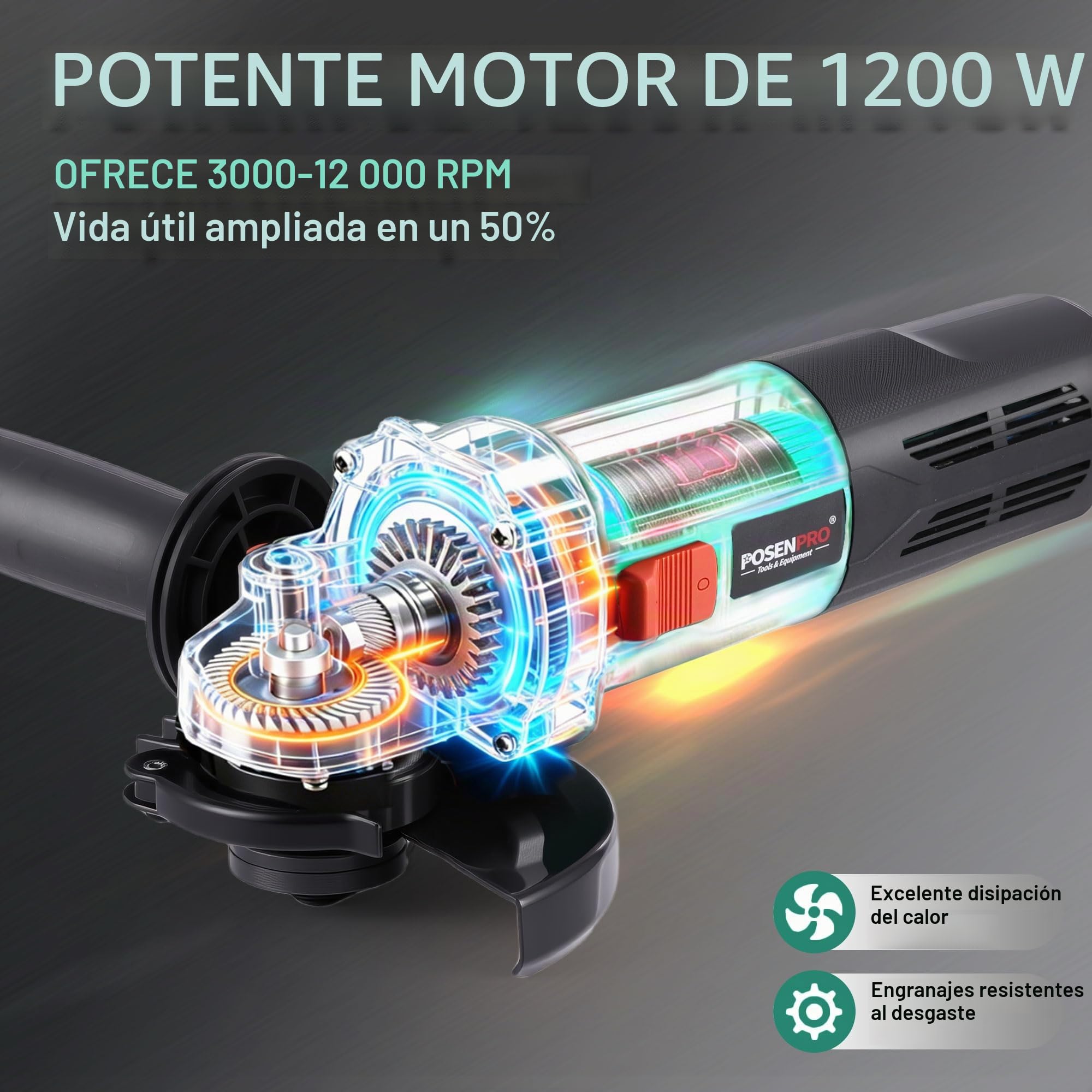 POSENPRO Amoladora Angular 1200W 125 mm, 3000-12.000 rpm, Cubierta de Liberación Rápida, Mango Auxiliar, 1,8 kg Ligera Radial para Corte y Pulir Metal, Madera, Cerámica y Piedra