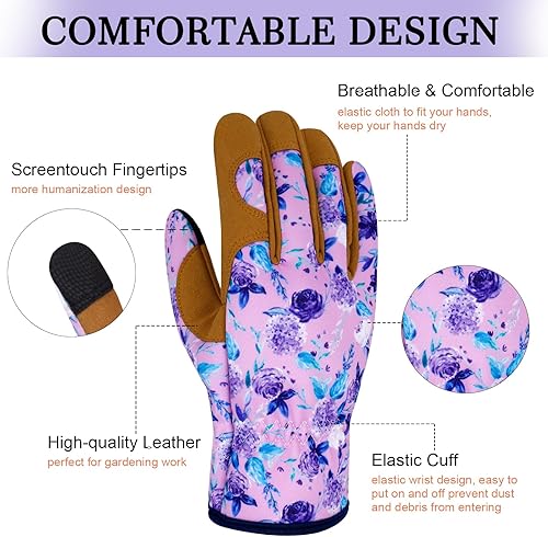 Miniatura 10 de Guantes de jardinería de cuero para mujer, guantes de jardín a prueba de espinas, guantes de trabajo para pantalla táctil, regalos