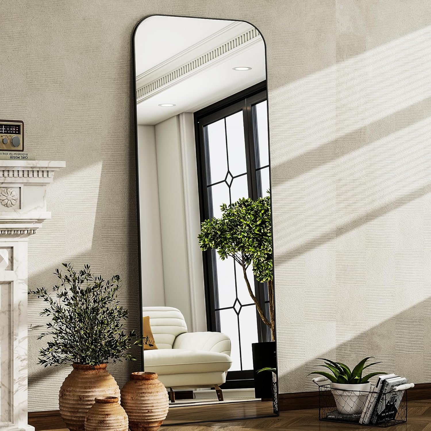 HARRITPURE 57"x20" Full Length Mirror Full Body Mirror Top Rounded Corner Aluminum Frame Hanging or Leaning Wall Floor Mirror with Stand for Living Room Bedroom Cloakroom,Black