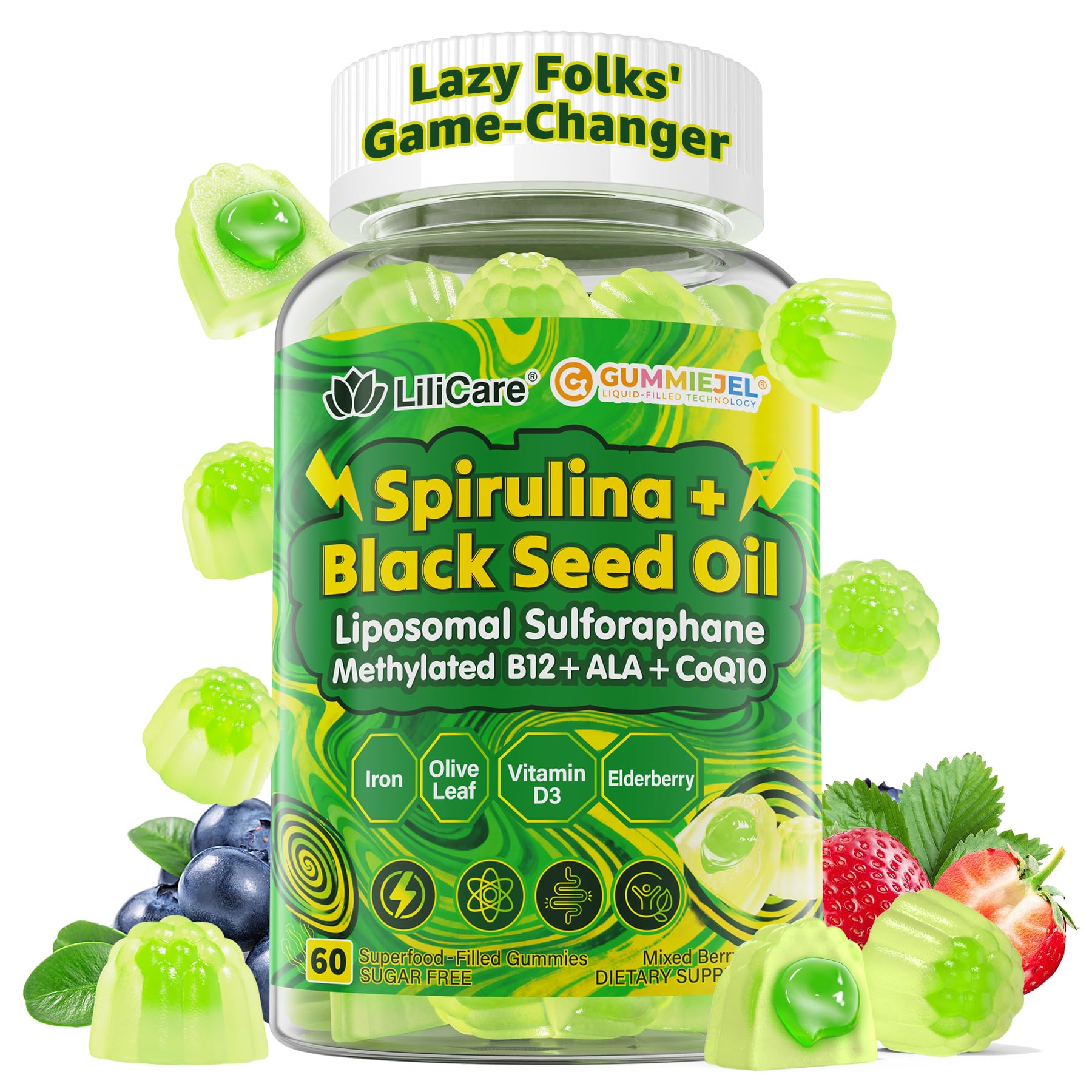 LILICARE Organic Spirulina + Black Seed Oil Gummies, Easier to Take Than Spirulina Powder/Capsules/Tablets, Grab-and-Go Superfood, Iron, B12, Sulforaphane + ALA for Daily Antioxidant, Cleanse, Immune