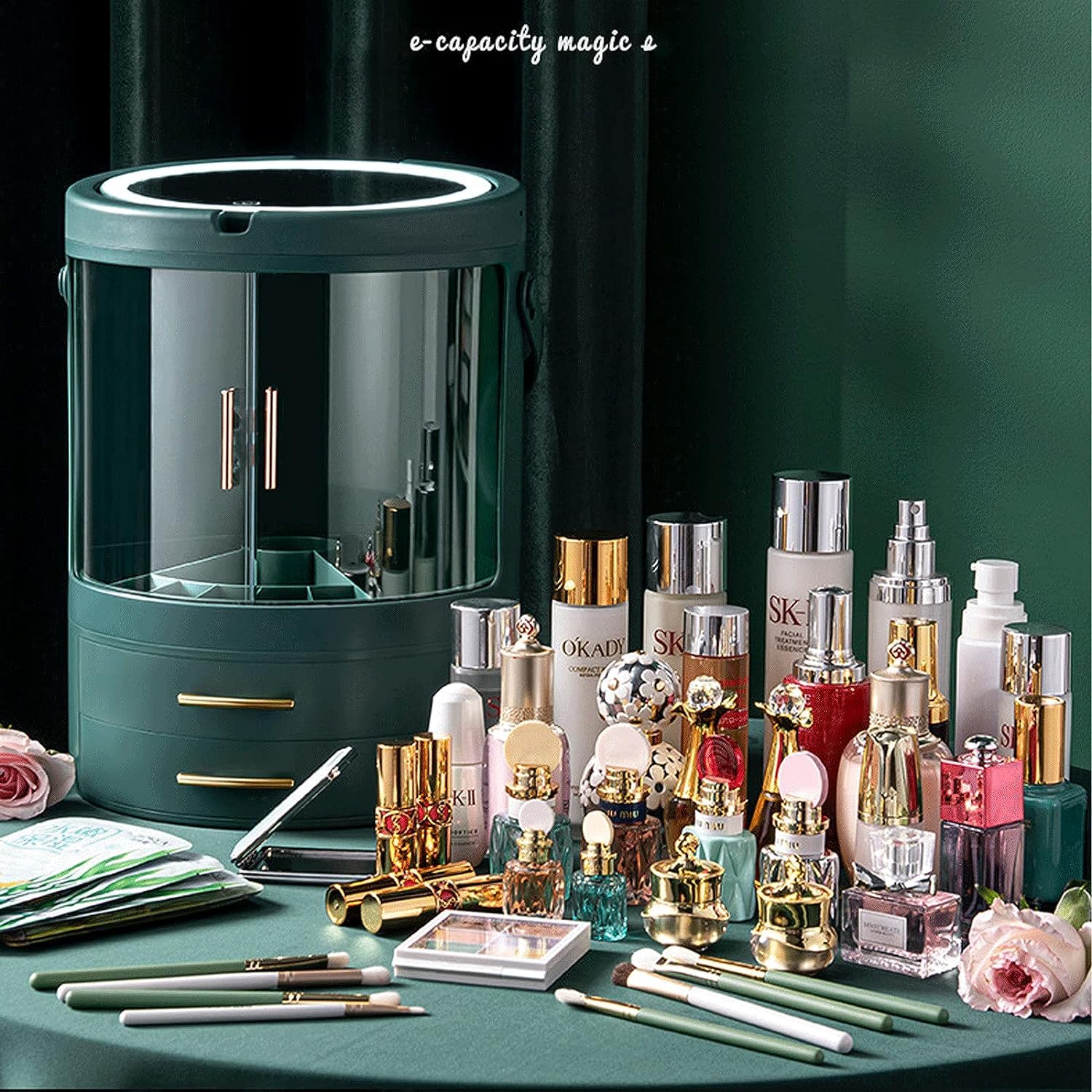 Obrotowy organizer na kosmetyki z obracającymi się o 360 stopni diodami LED Vanity Full Mirror Przenośny stojak na kosmetyki (Color : Ivory White)