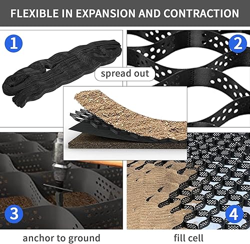 Miniatura 4 de TONGMO Rejilla de tierra de grava de 9 x 17 pies, rejillas de estabilización de 2 pulgadas de grosor, rejilla de tierra Geocell plegable de