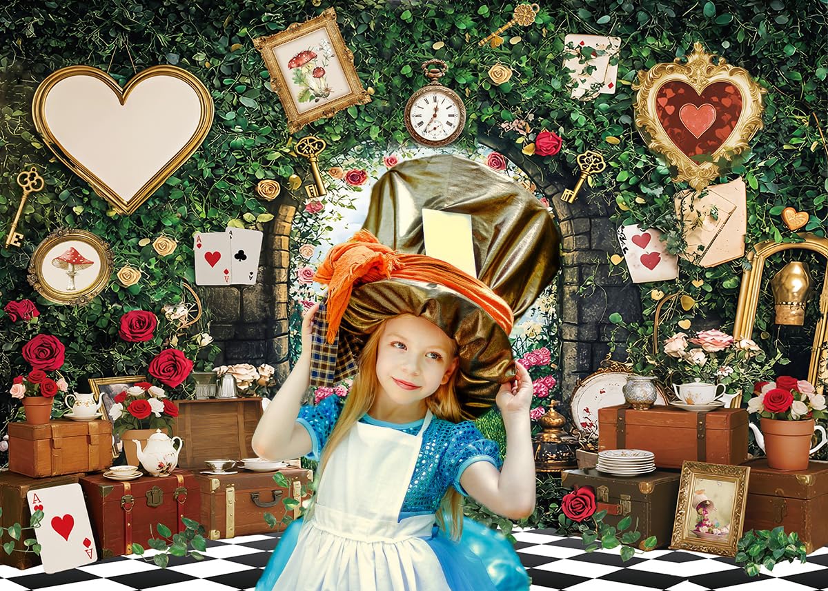 Wonderland - Sfondo fotografico con foglie verdi e rose a scacchiera con fiabe, sfondo fotografico, principessa, baby shower, feste di compleanno, striscione per ritratti fotografici (2,3 x 1,8 m)