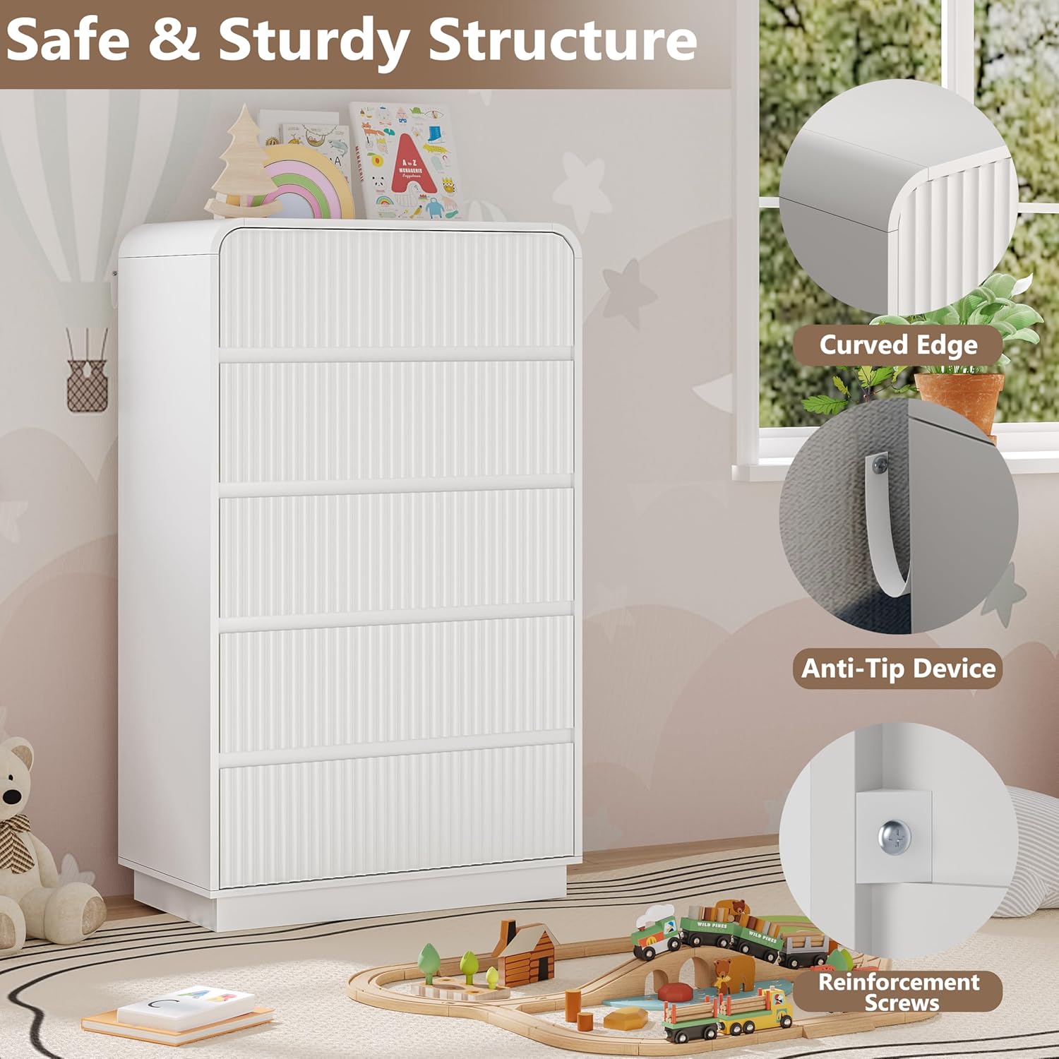 Safe and Sturdy Structure features including curved edge, anti-tip device, and reinforcement screws