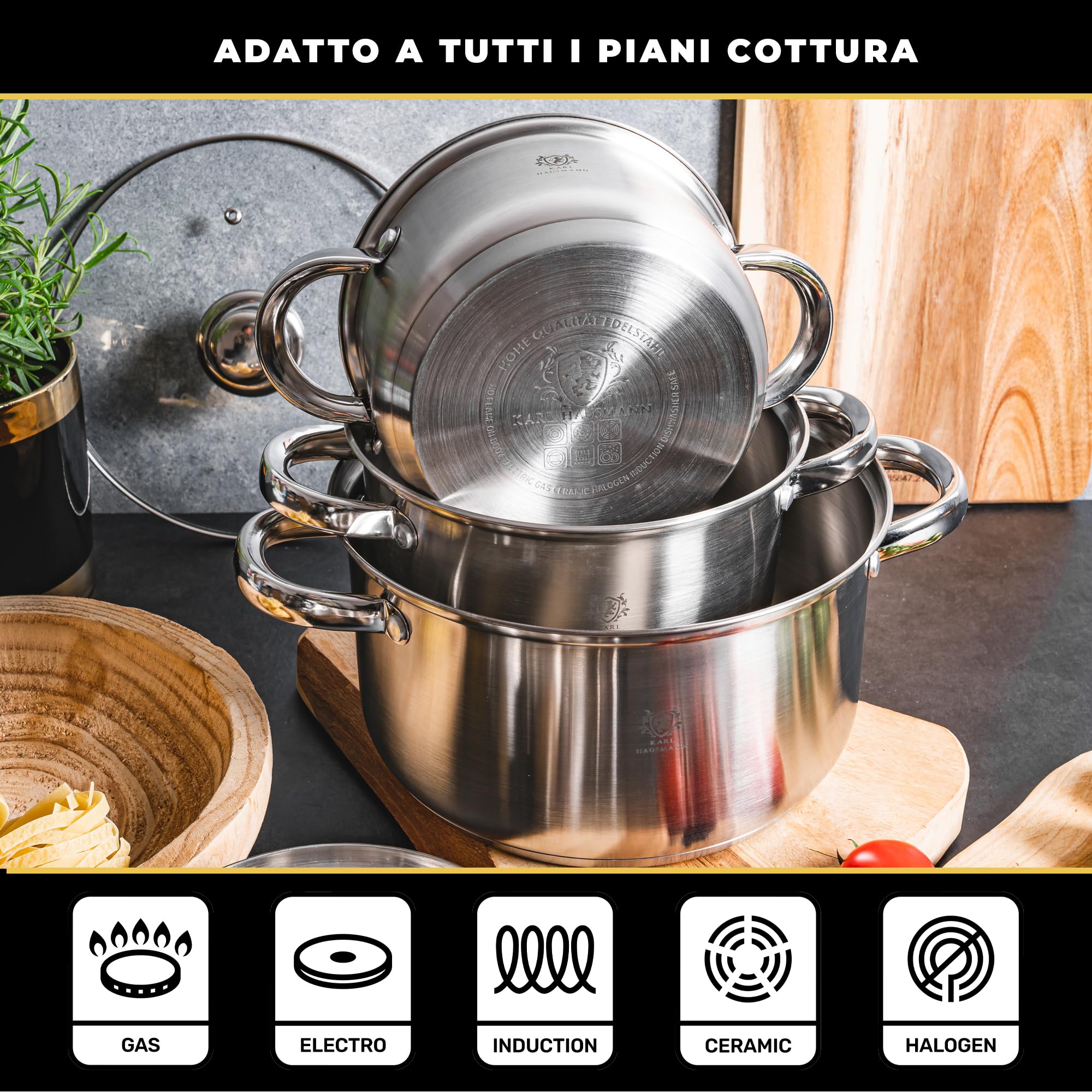 KARL HAUSMANN Set di Pentole Induzione - 4 Pezzi - Batteria di Pentole Acciaio Inox - Scala Interna - Pentola per Induzione, Gas, Elettrica e in Vetroceramica - Riscaldamento e Cottura Uniforme