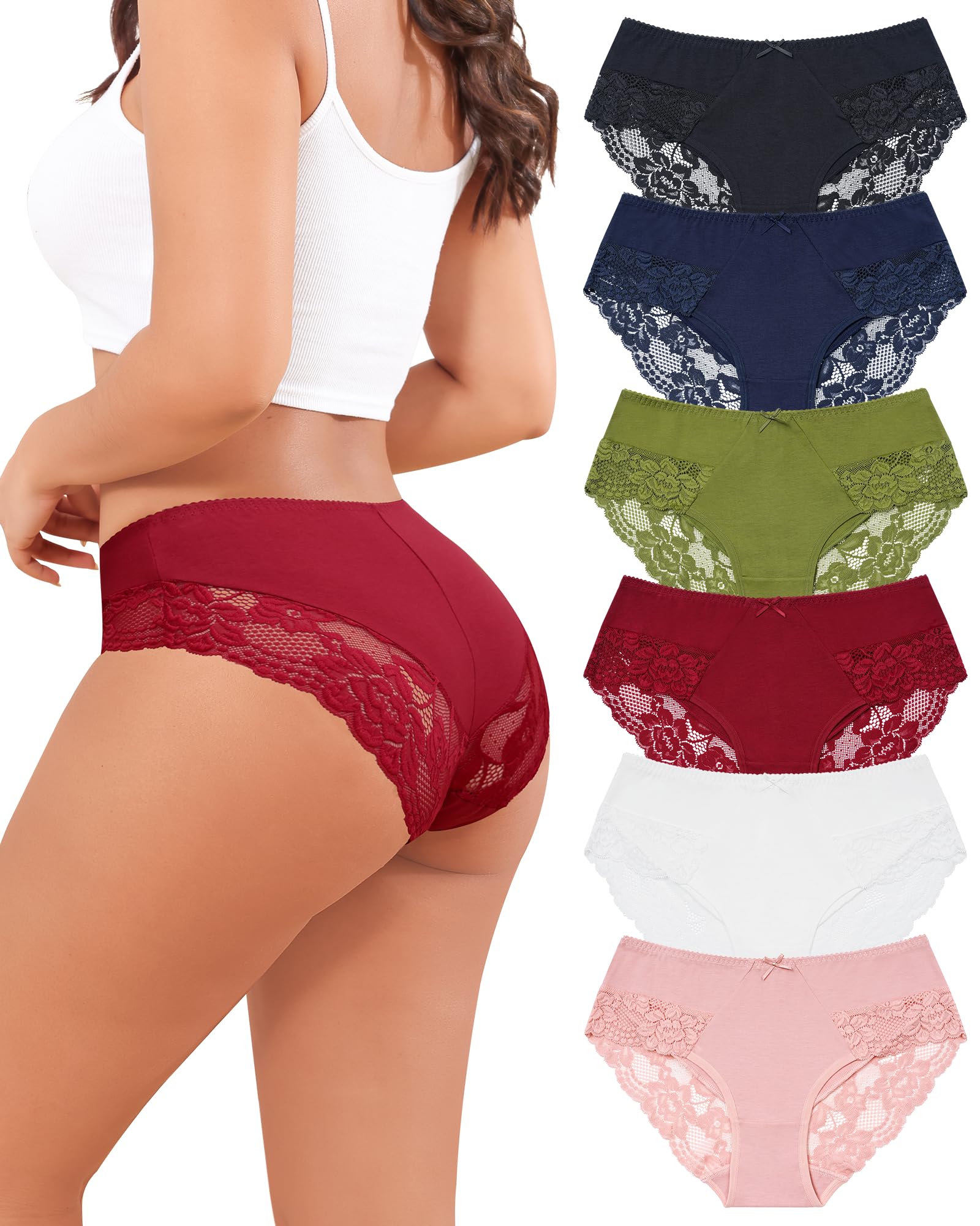 Levao 6er Pack Unterhosen Damen Baumwolle Slips mit Spitze Mittel Taille Unterwäsche Frauen Bequeme Soft Panties Mehrpack S-XL