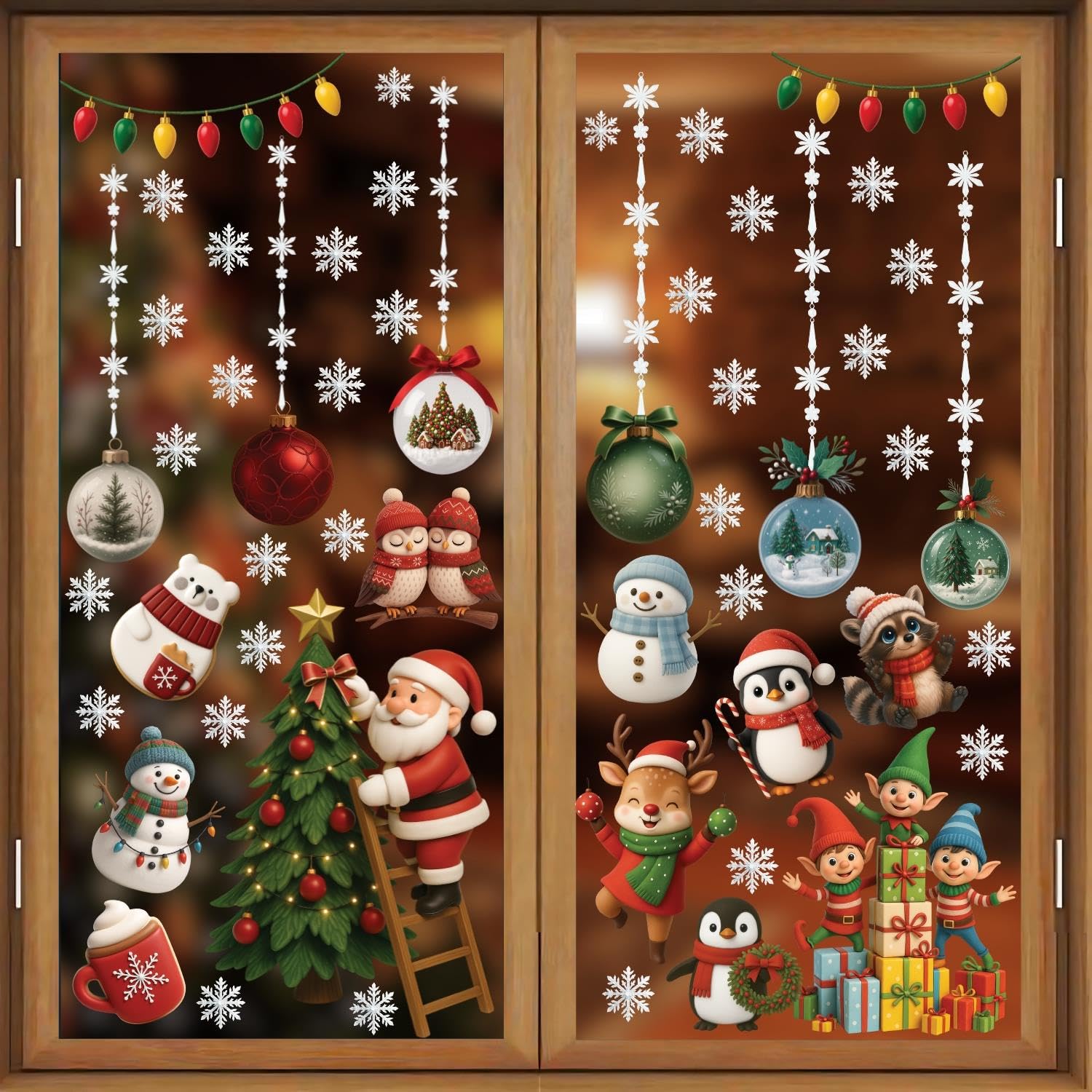 WALPLUS Little Lodge Christmas Window Clings - 102 Reusable Static Decals, Snowflakes, Santa, Rudolph - 9 Sheets