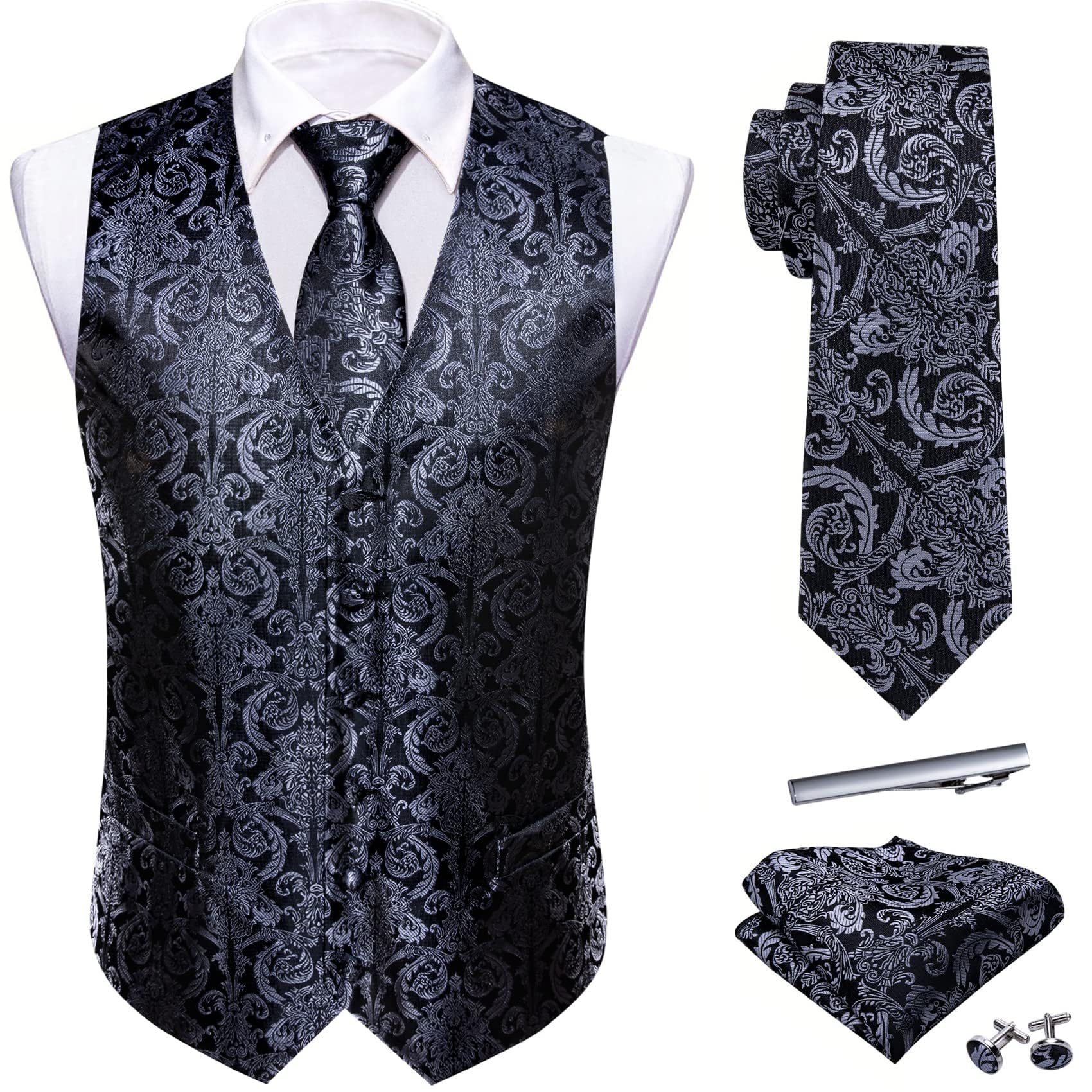 Barry.Wang Men's Suit Vest Formal/Casual Paisley Silk Tie Vests 5PCS