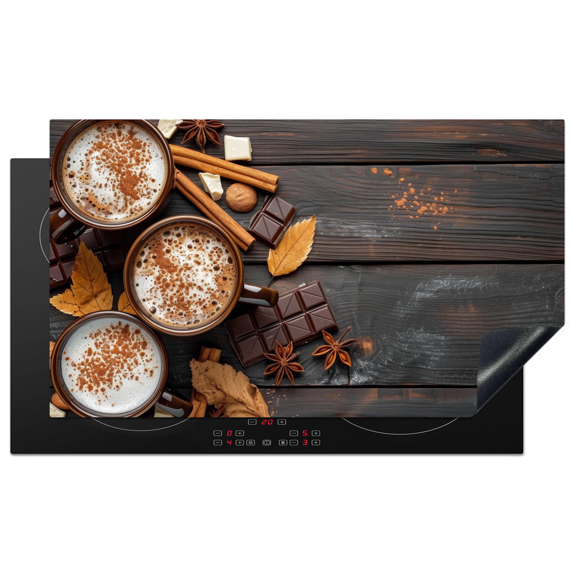 KitchenYeah© Induction Hob Cover Protector Mat 20.5"x35.4" / 90x52 cm Kitchen Universal Ceramic Covers for Electric Cookers Vinyl Chocolate - Autumn - Leaves - Wood Print - Still Life — image 1
