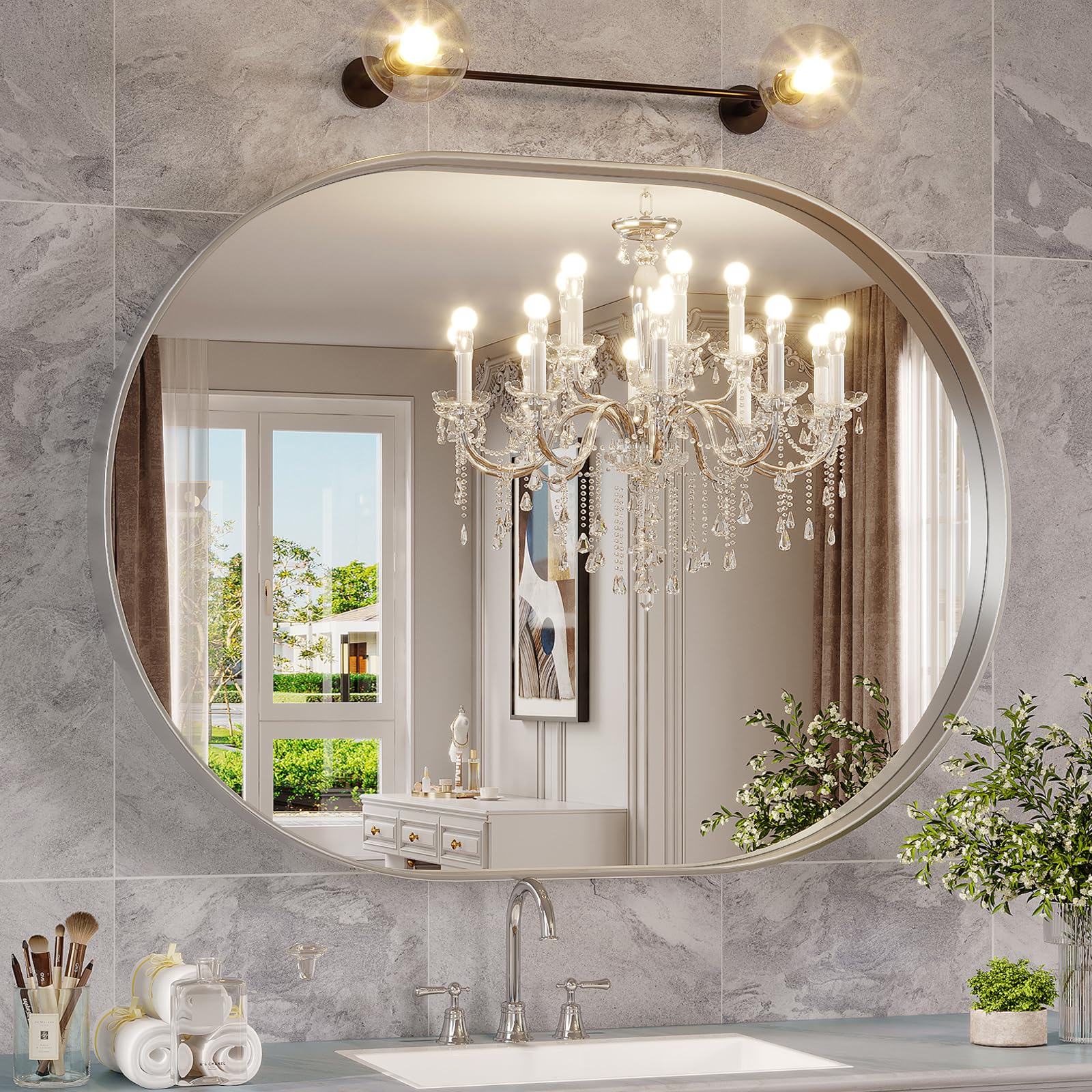 JIINGYO Oval Mirror, 40"30" Silver Bathroom Vanity Mirror, Wall Mount for Entryway, Living Room, Hangs Vertical or Horizontal