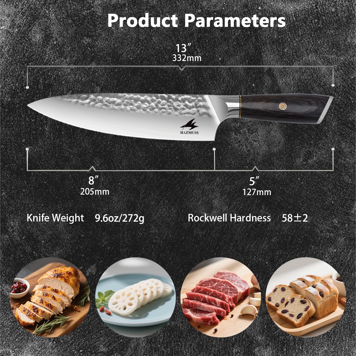Coltello da Chef Martellato 20,5 cm, Acciaio Alto Carbonio Ultra Affilato, Manico Ergonomico in Legno Pakka, Ideale per Taglio, Tritatura e Affettatura Domestica