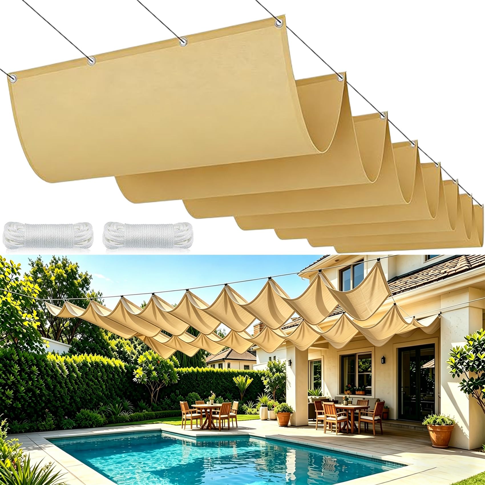 Malla parasol ondulada retráctil para crear sombras confortables en jardines modernos