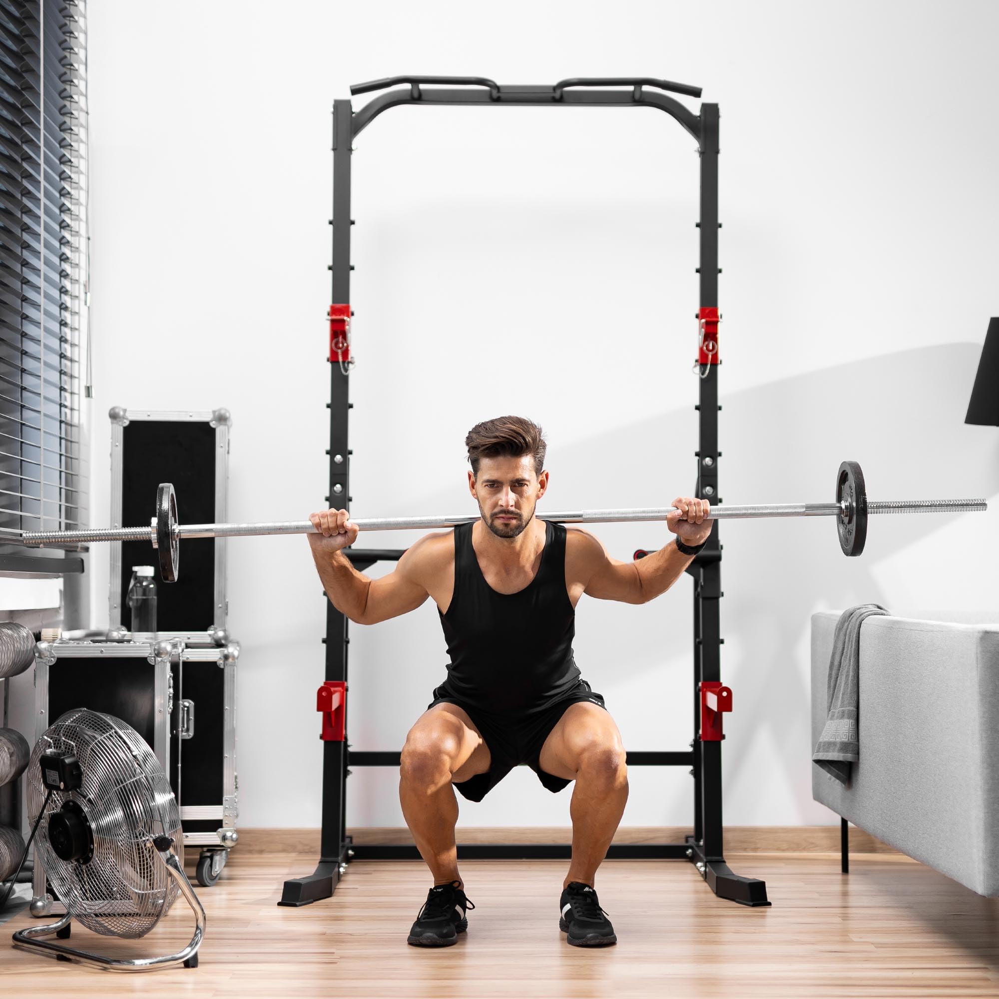 HOP-Sport® Chaise Romaine HS-1014K, Station de Musculation pour Les dips et Les Pompes avec Double sécurité pour la Barre, Squat Rack, Power Tower avec Station à Dips et Barre de Traction sur Pied